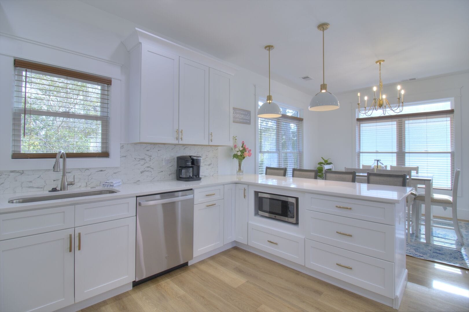 Modern kitchen and dining area.