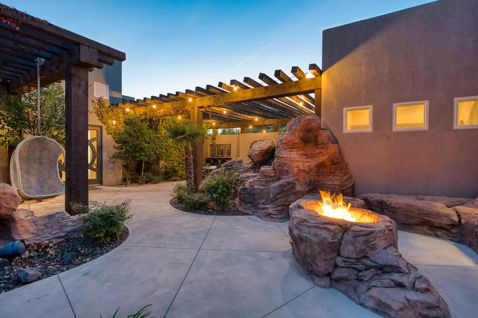 Modern patio with fire pit.