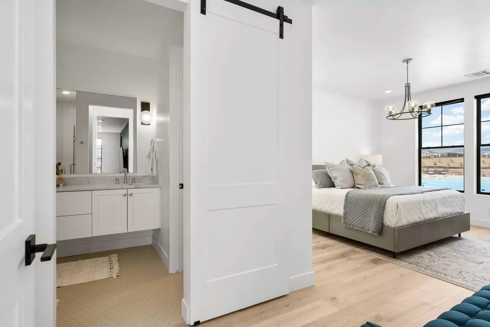 Bedroom and bathroom with sliding door.