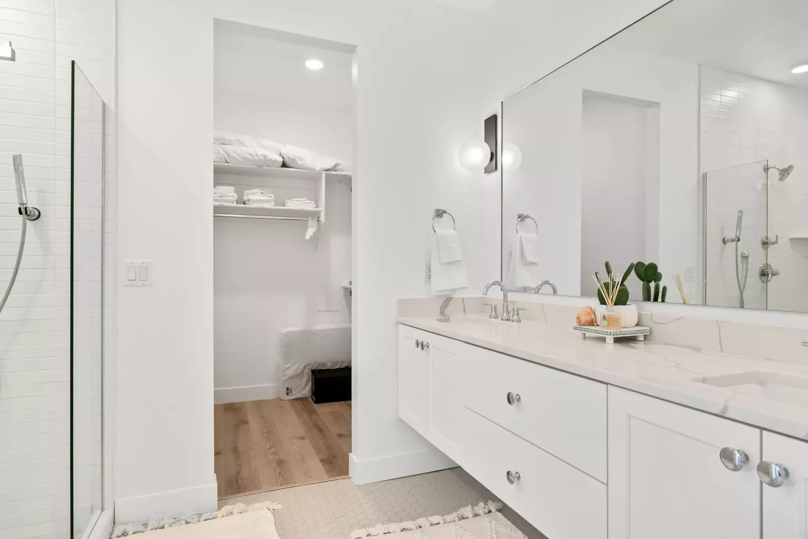 Modern bathroom with double sinks.