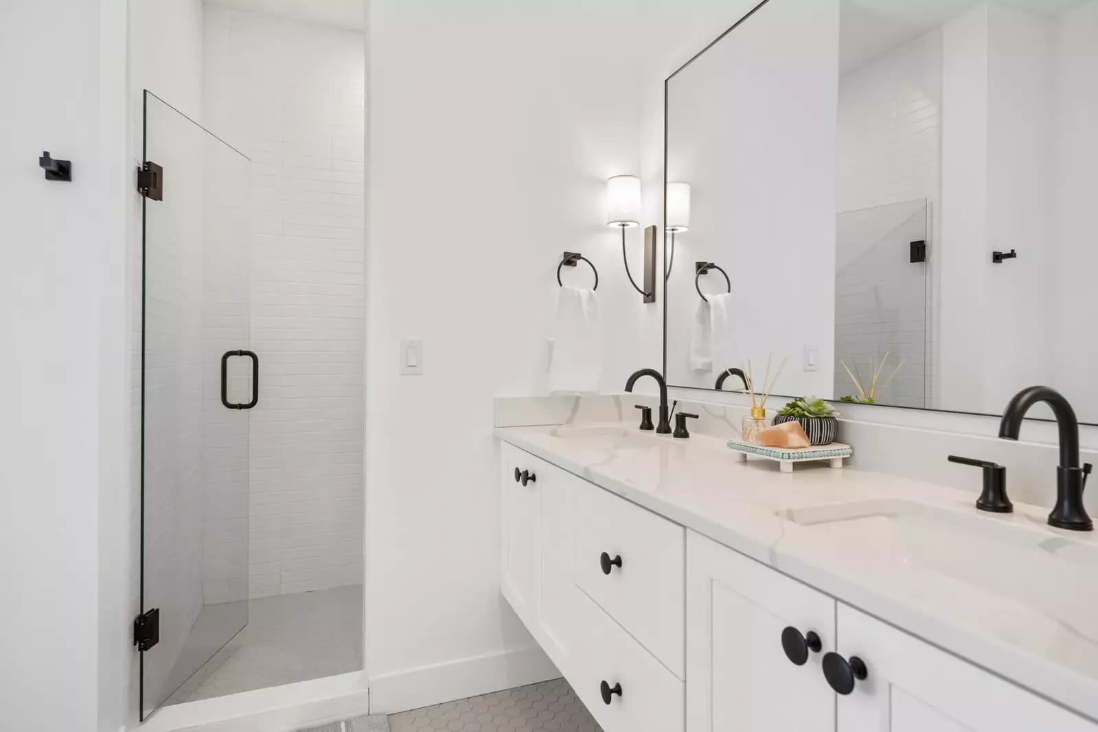 White modern bathroom with shower.