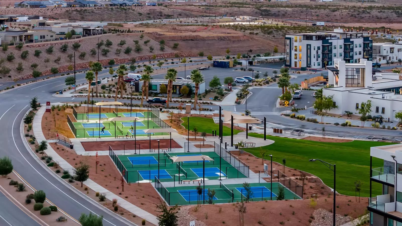 Outdoor tennis courts in suburban area.