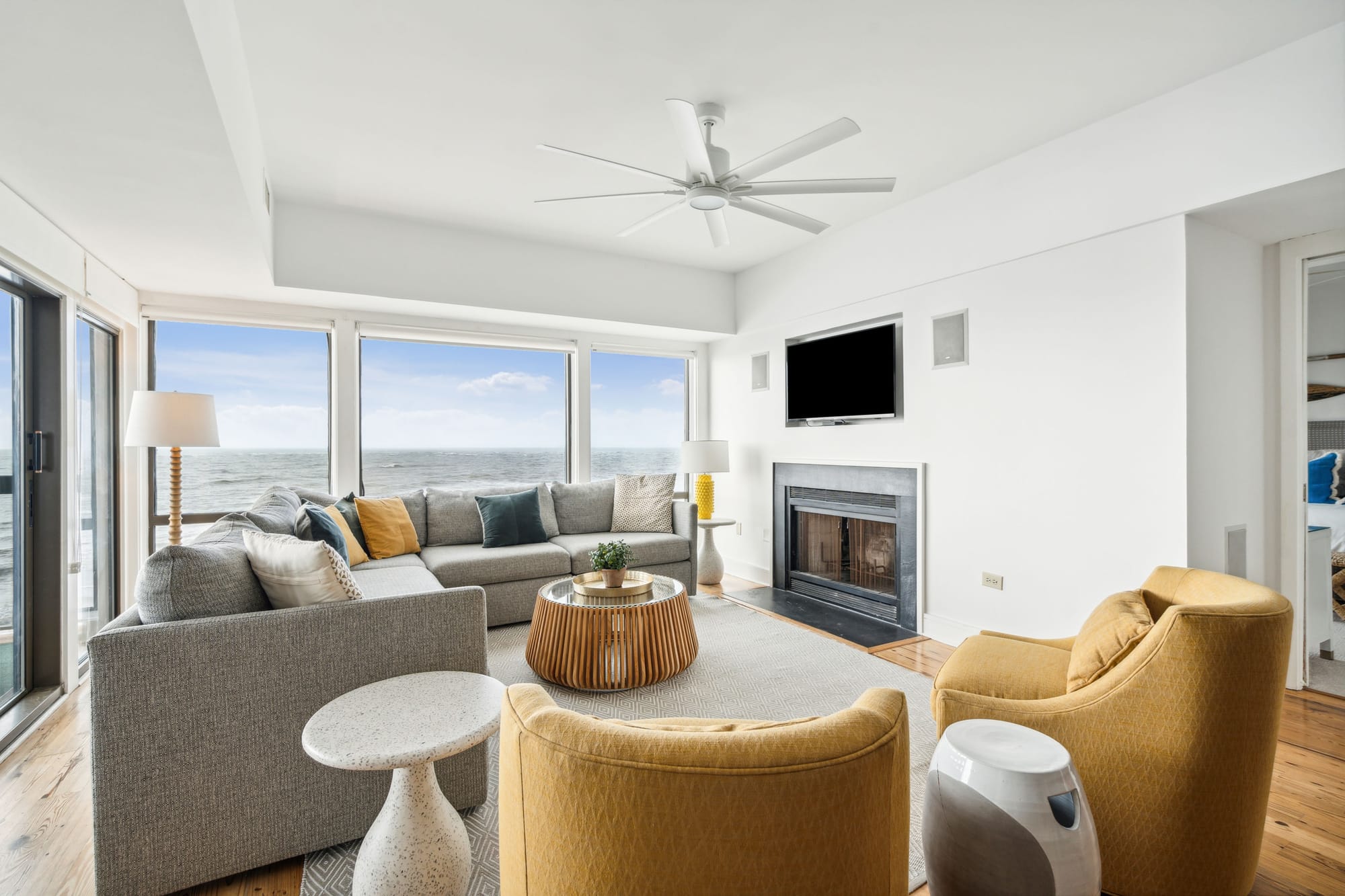 Modern living room with ocean view.