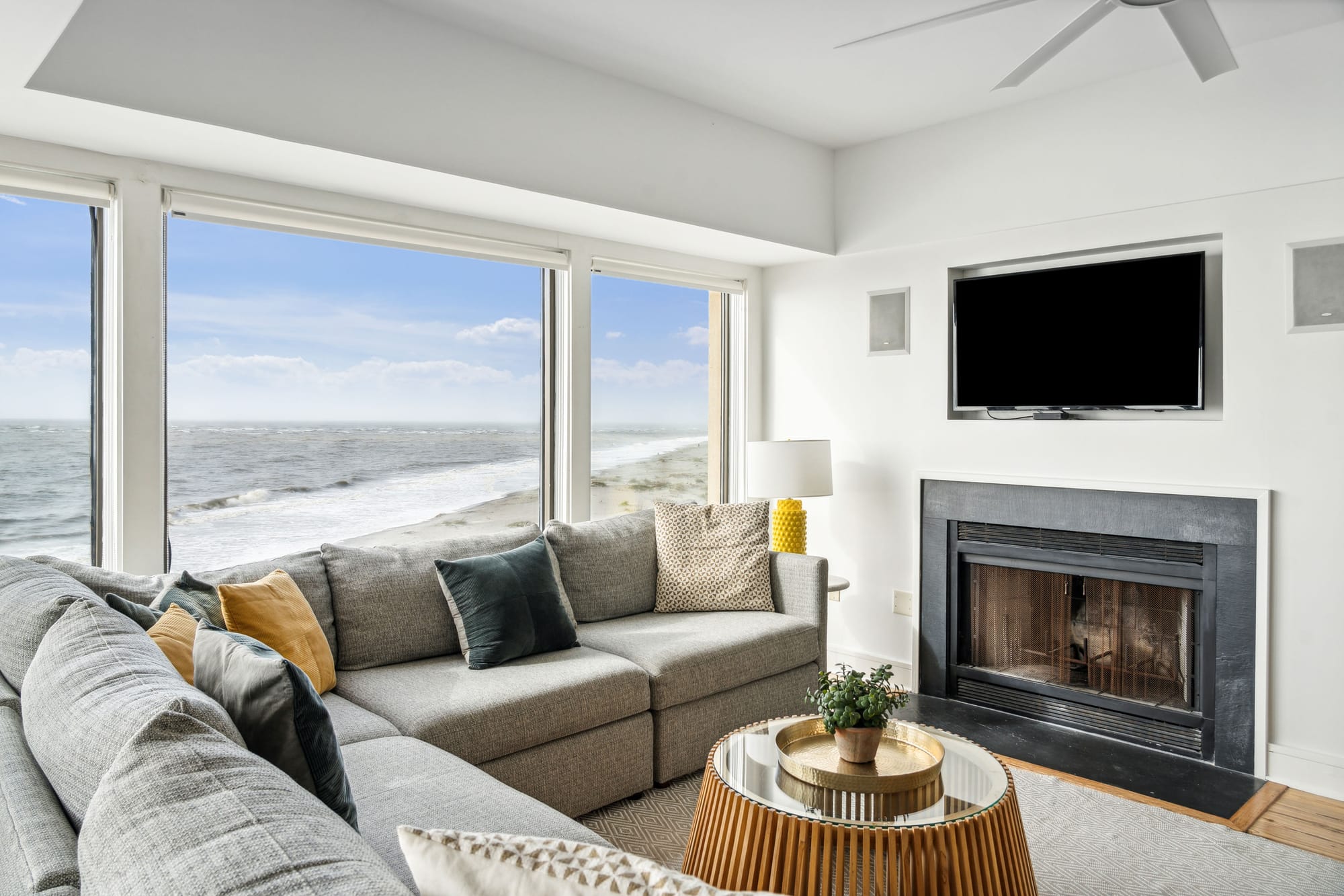 Cozy living room with ocean view.