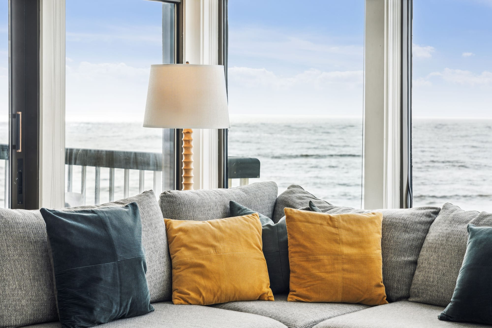 Coastal view from cozy living room.