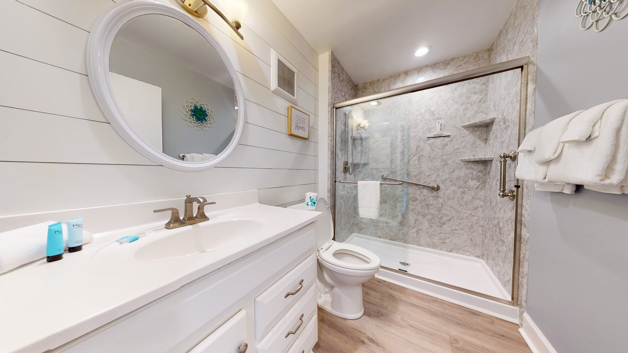 Modern bathroom with walk-in shower.