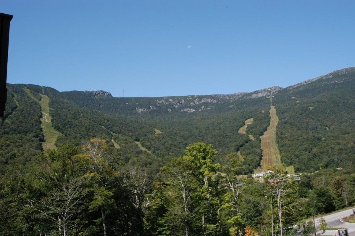 Green mountain landscape with clear sky.