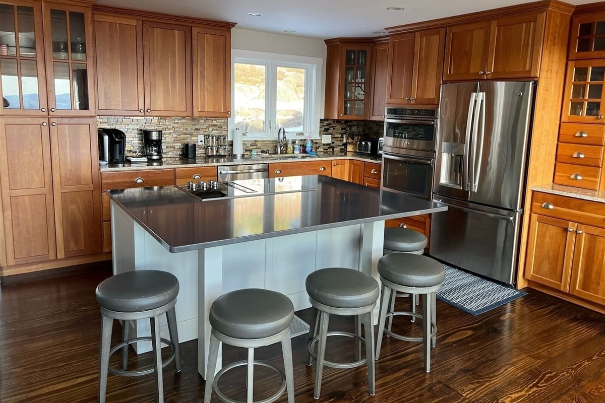 Modern kitchen with wooden cabinets.