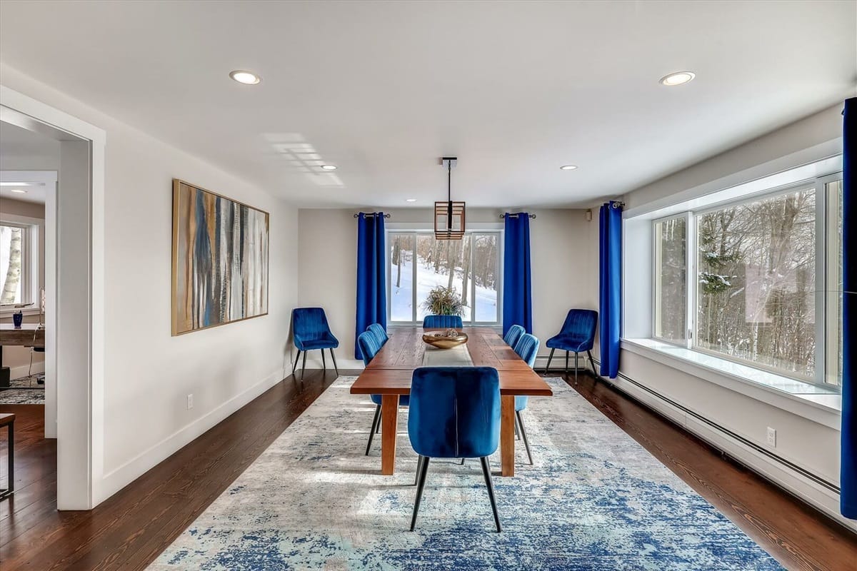 Dining room with blue accents.