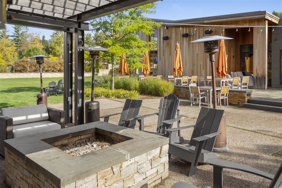 Outdoor patio with seating area.