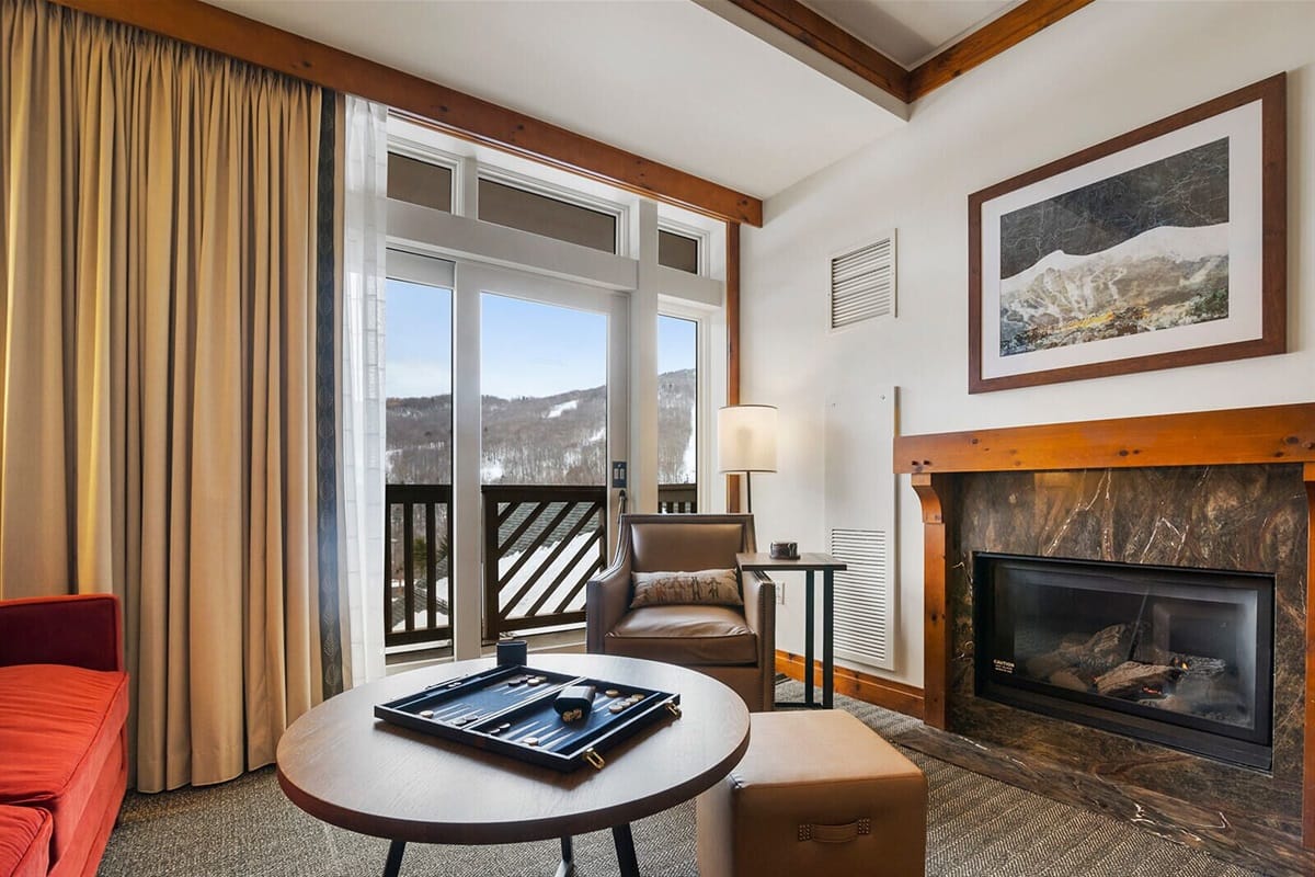 Cozy living room with mountain view.