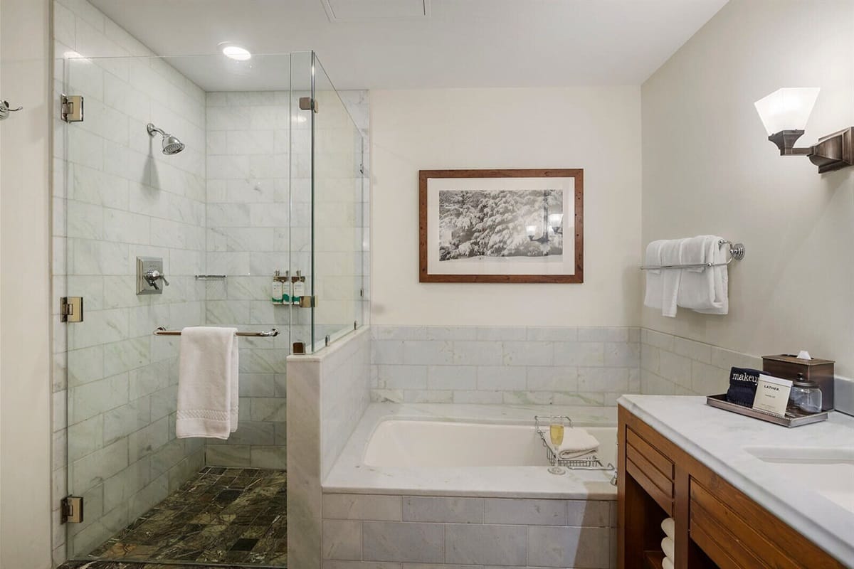 Modern bathroom with shower and tub.