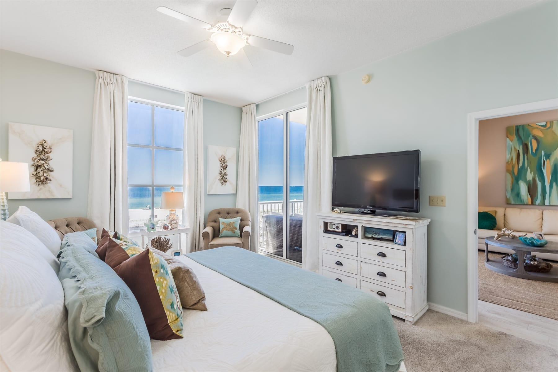 Coastal bedroom with ocean view.