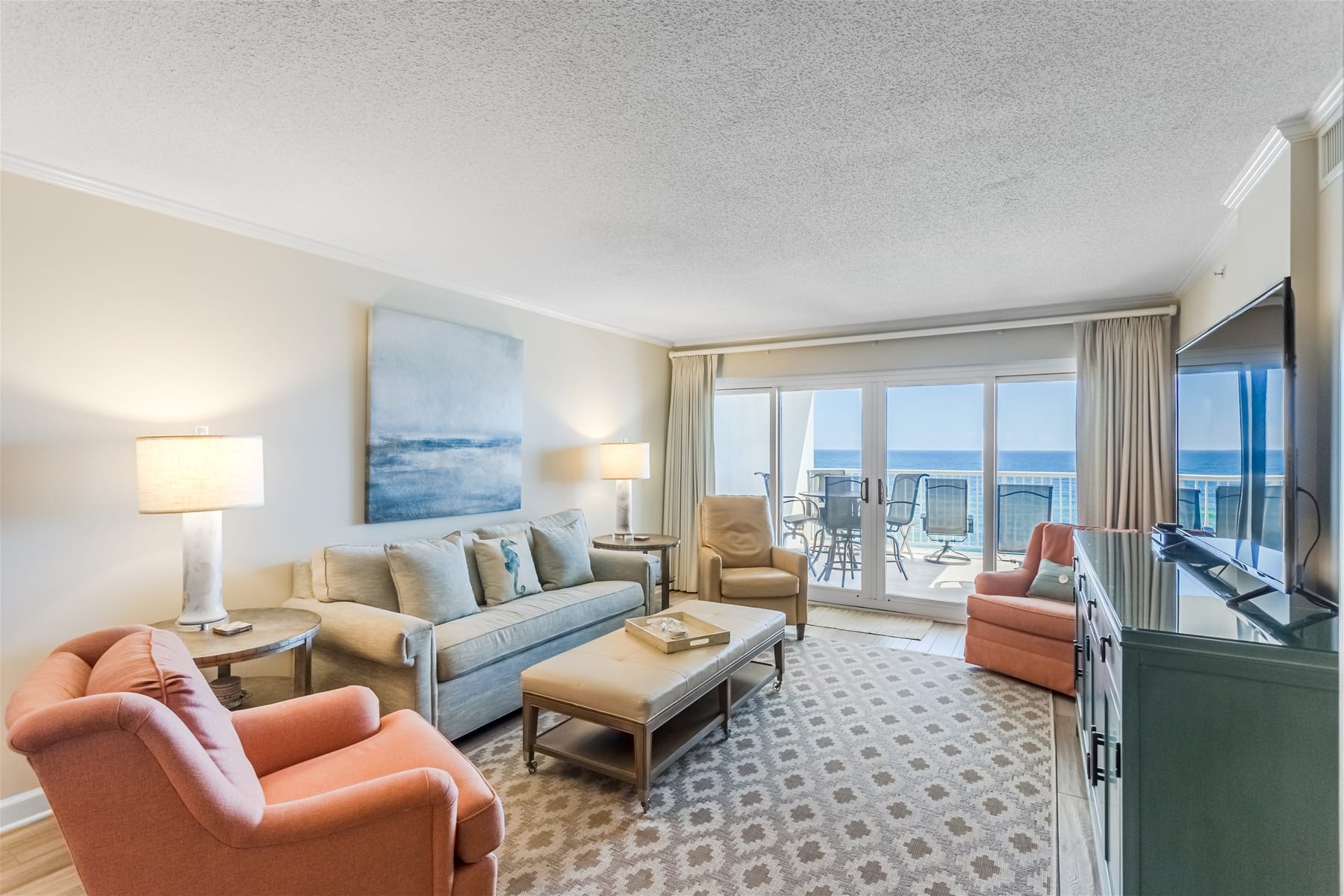 Coastal living room with ocean view.