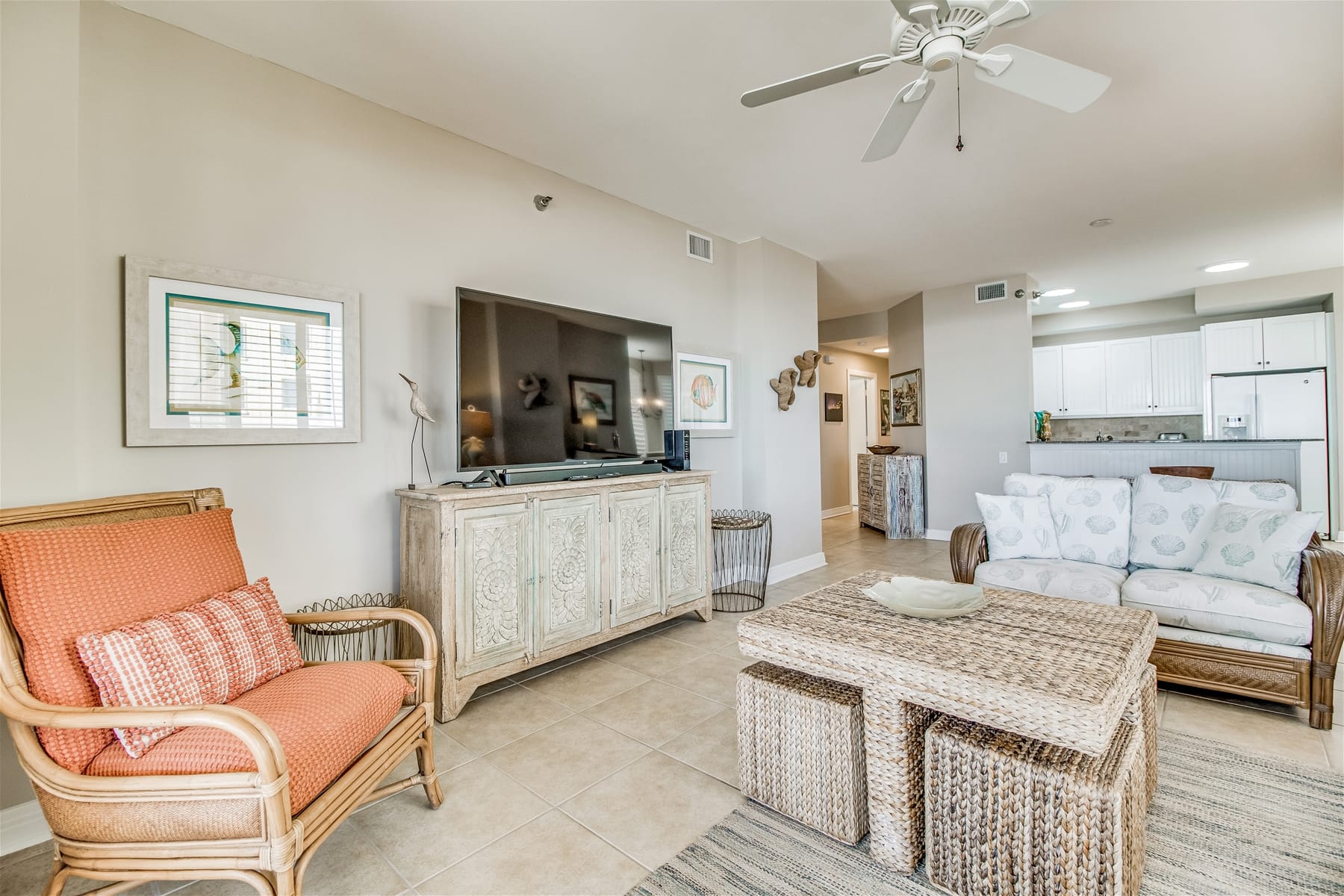 Cozy living room with coastal decor.