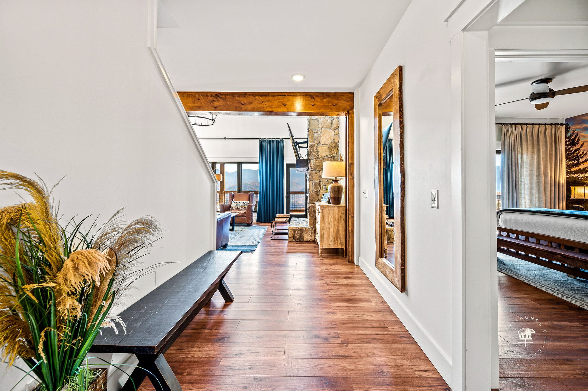 Modern hallway with wooden flooring.