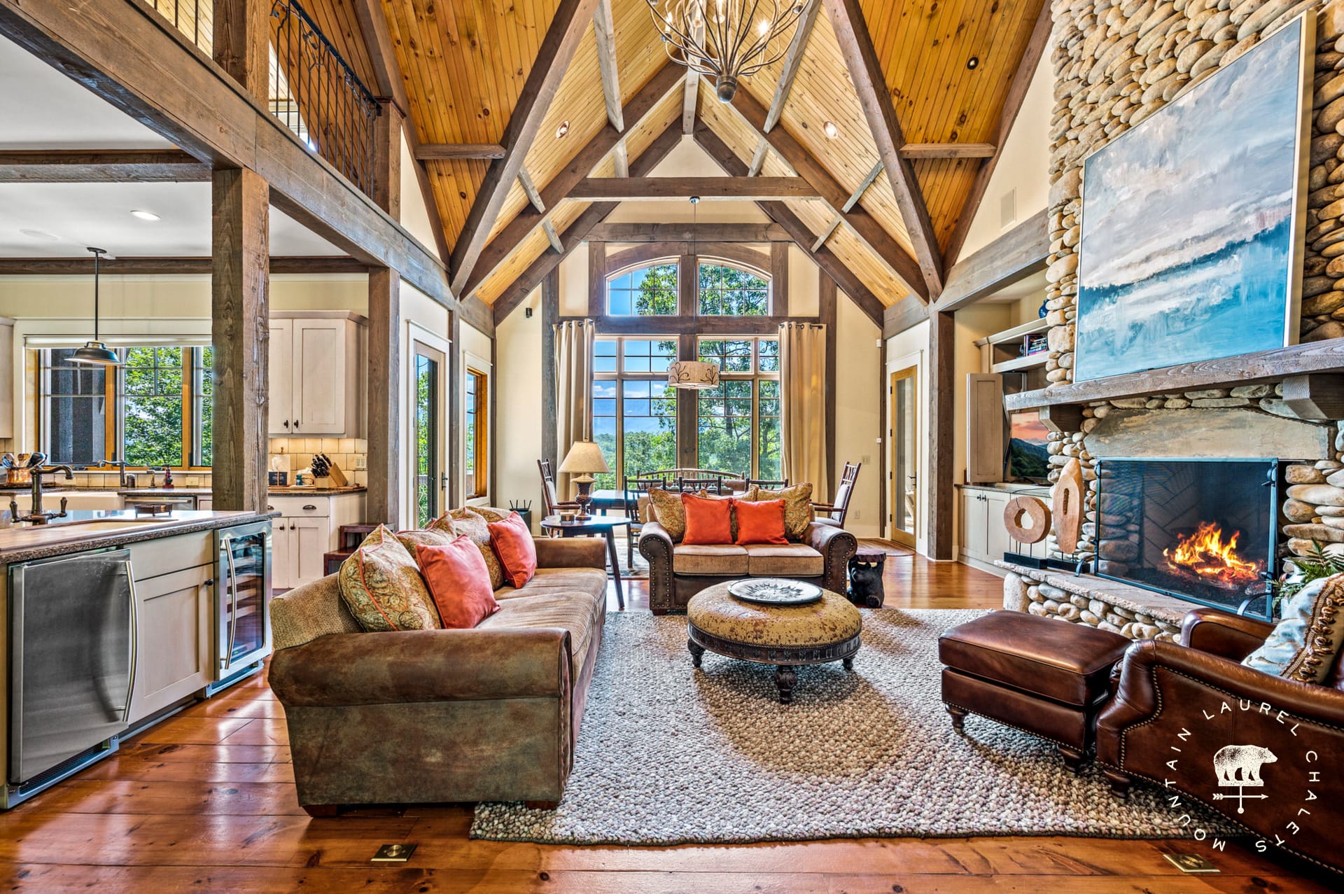 Rustic living room with fireplace.