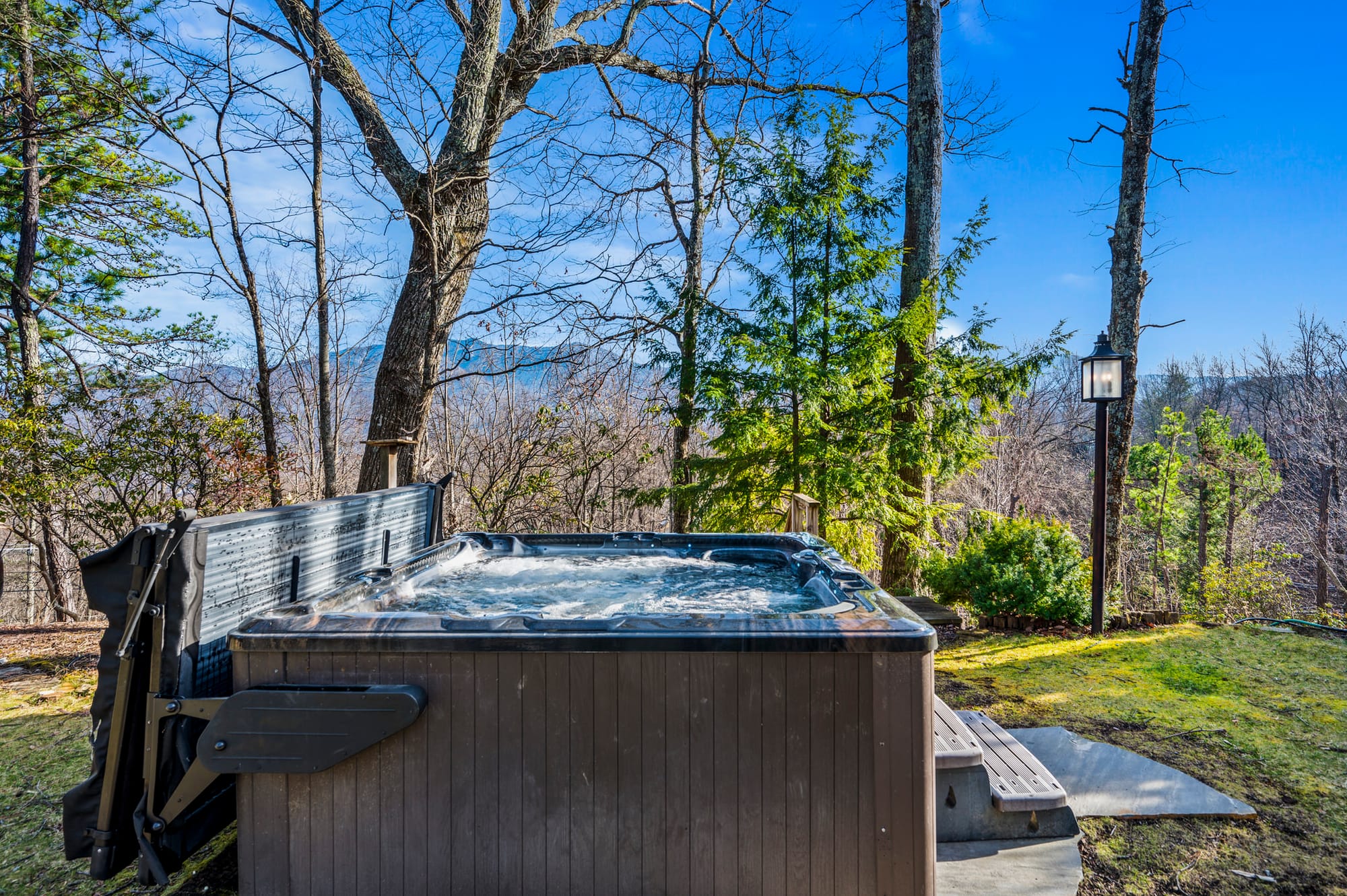 Outdoor hot tub in forest setting.