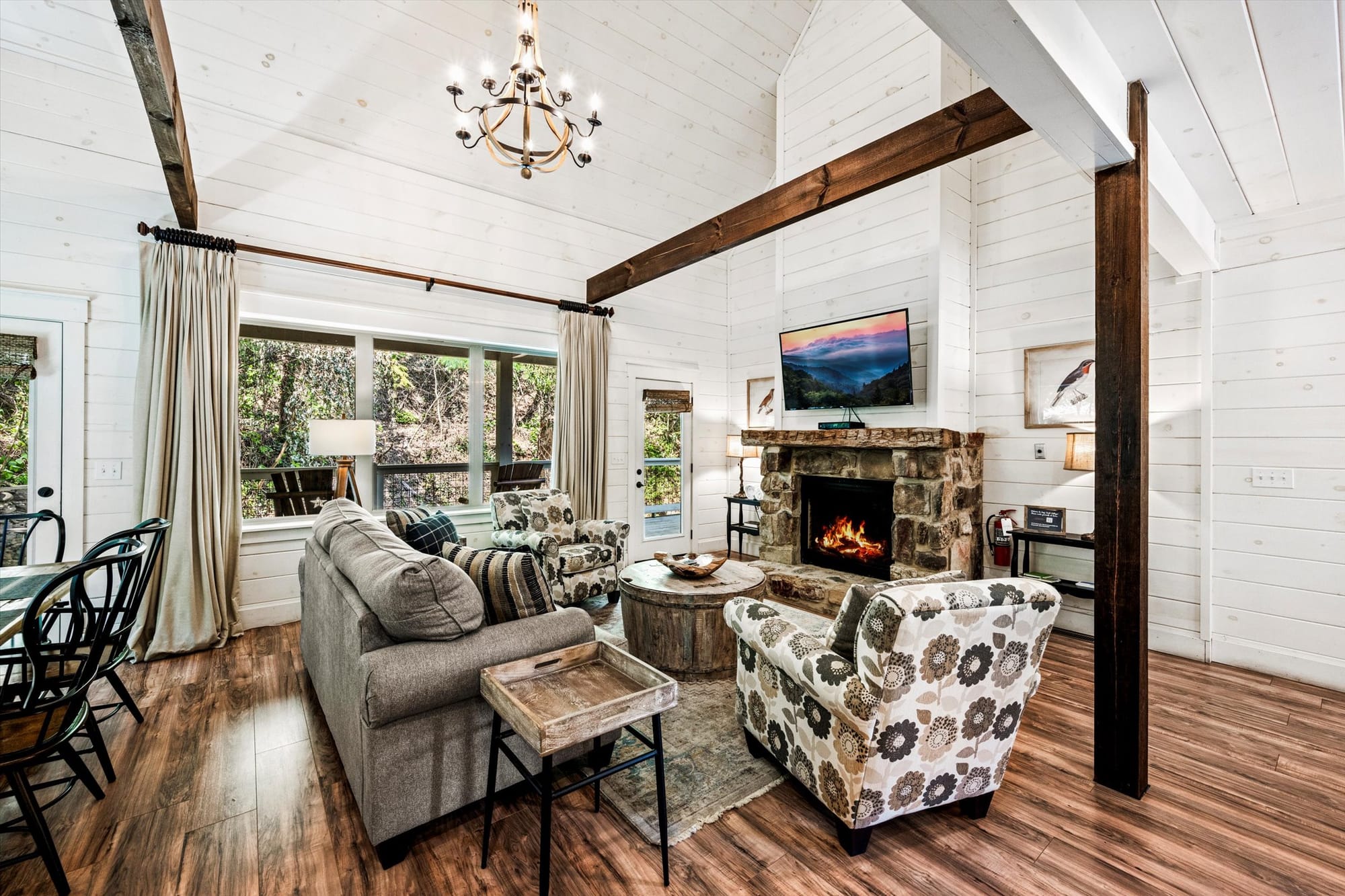 Cozy living room with fireplace.