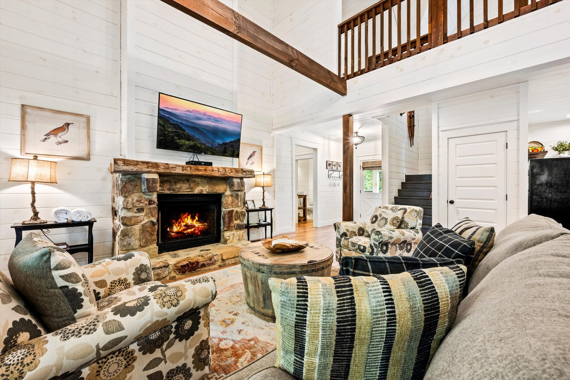 Cozy living room with fireplace.