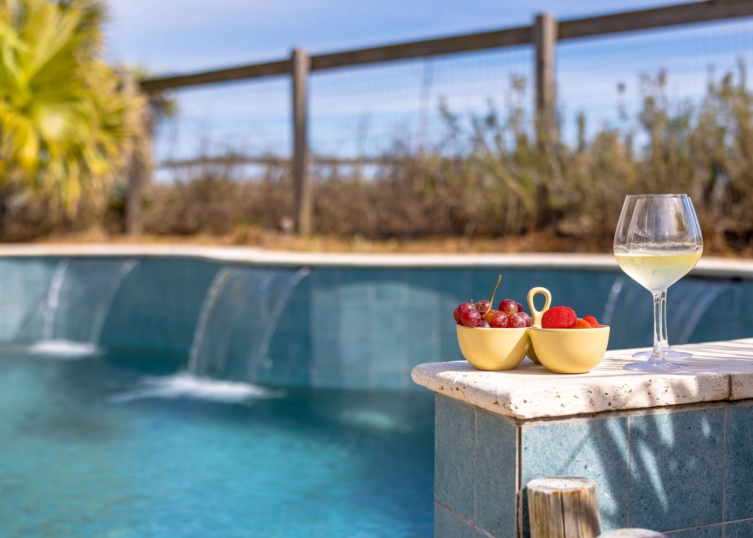 Poolside fruits and wine glass.