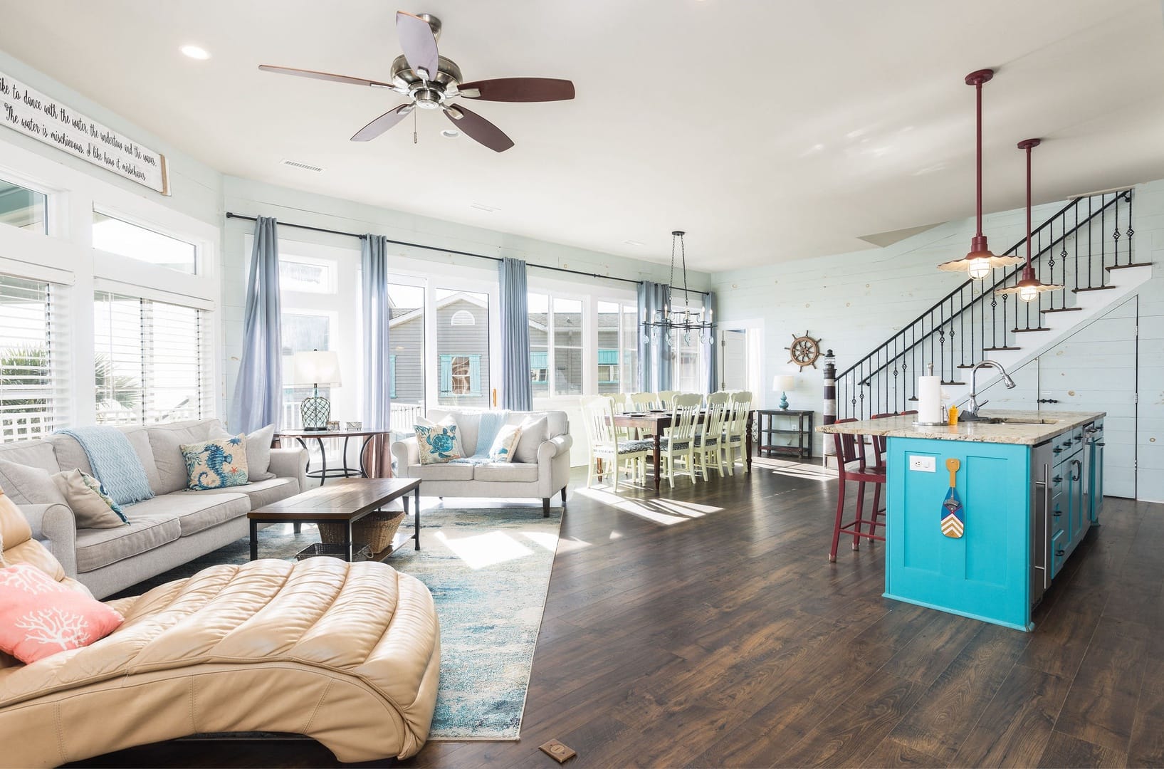 Bright living room with kitchen island.