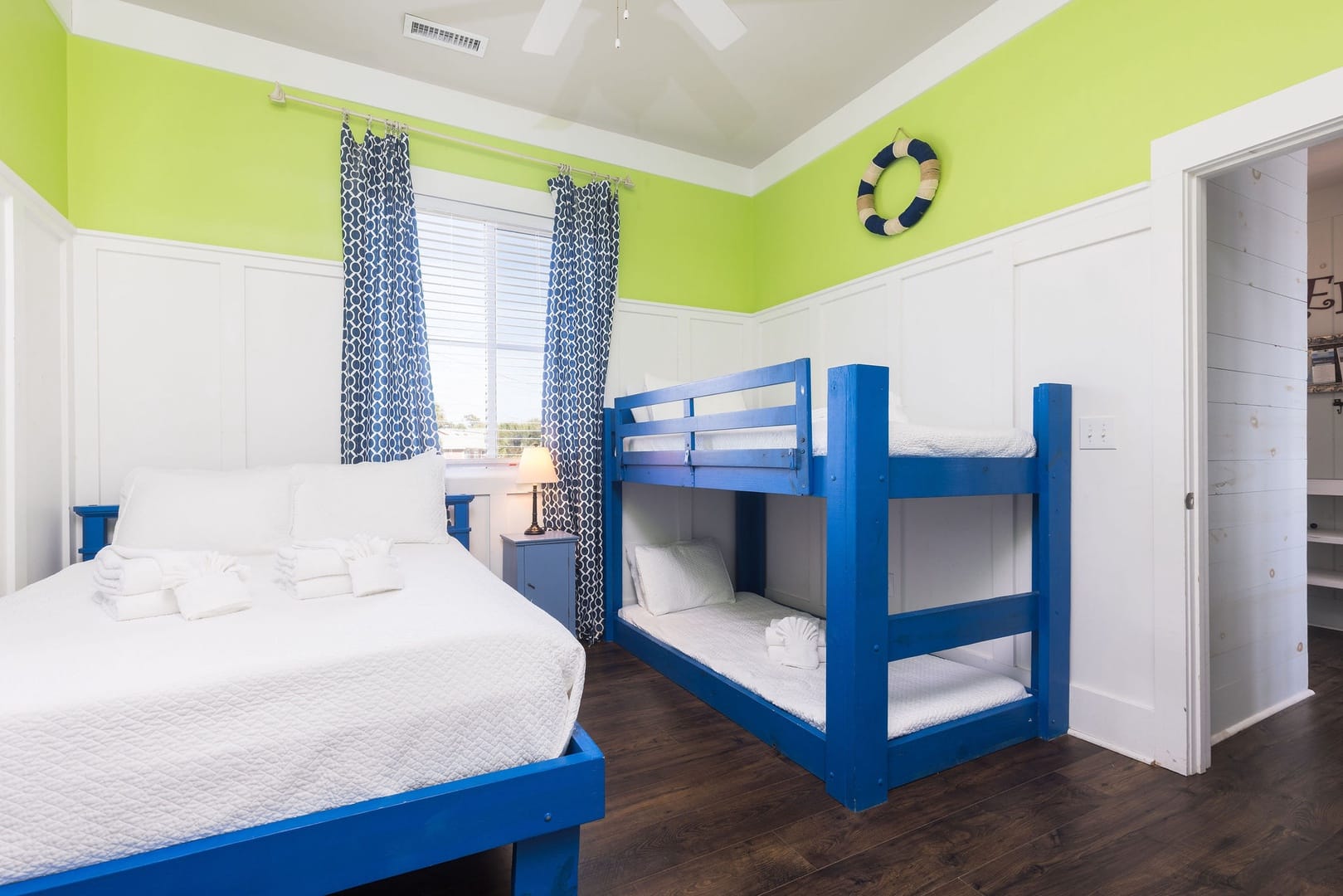 Bright room with bunk beds.