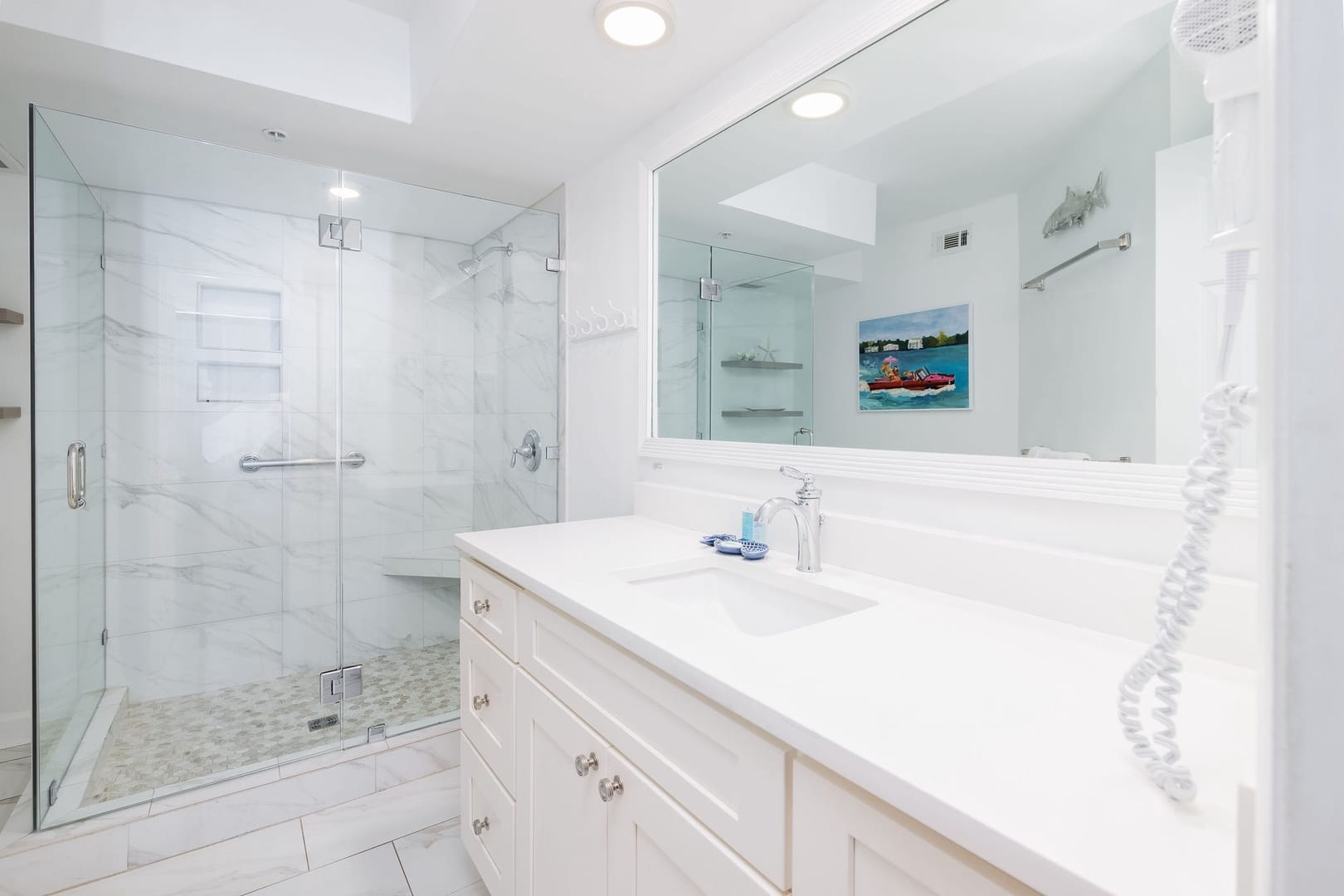 Modern bathroom with glass shower.