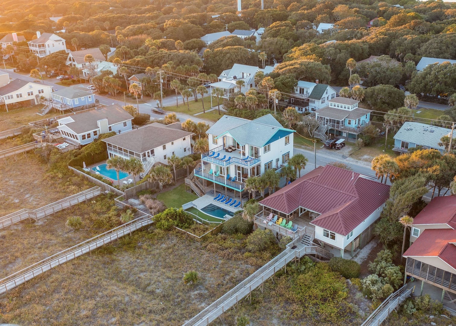 Aerial view of houses and boardwalks.