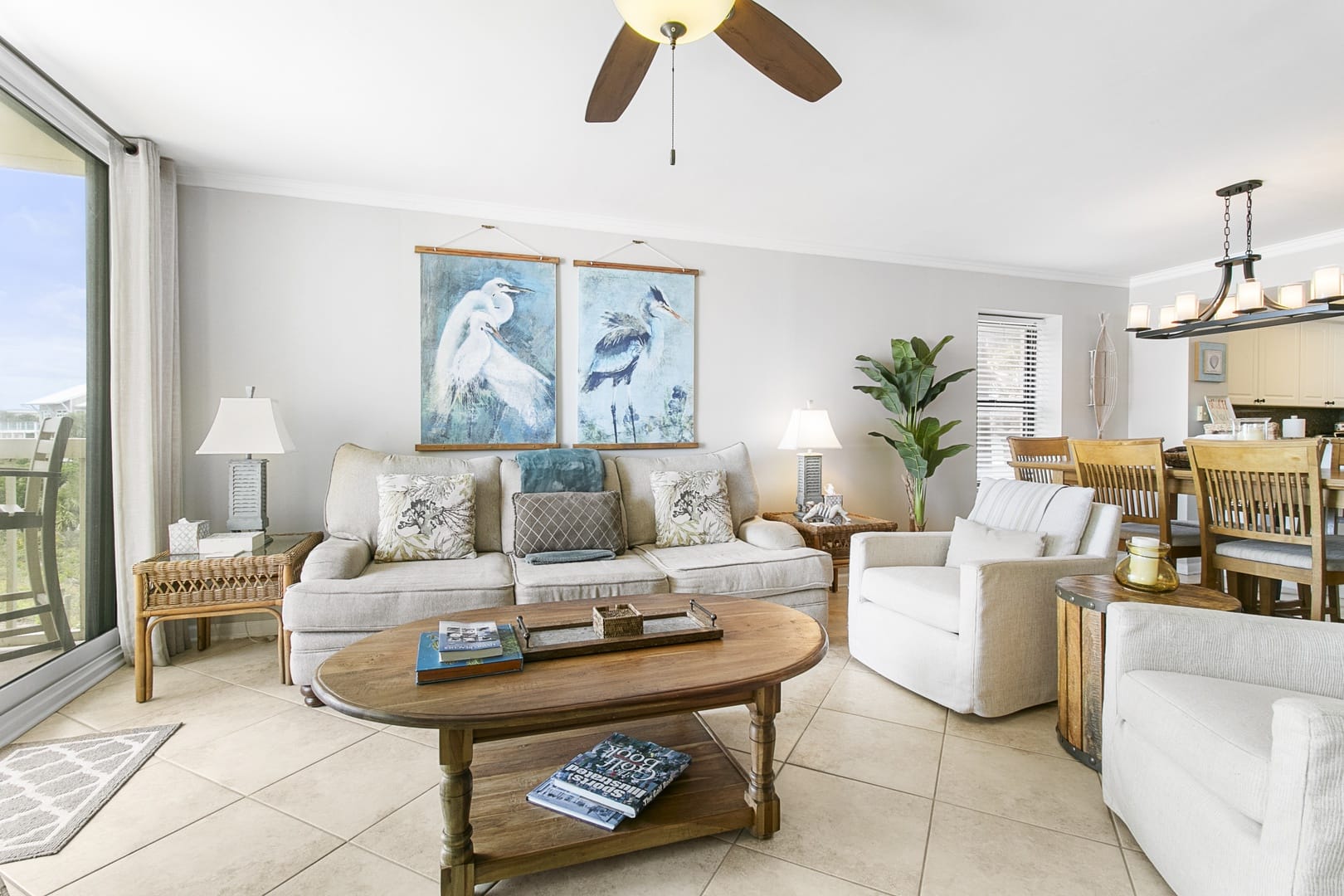 Cozy living room with bird art.