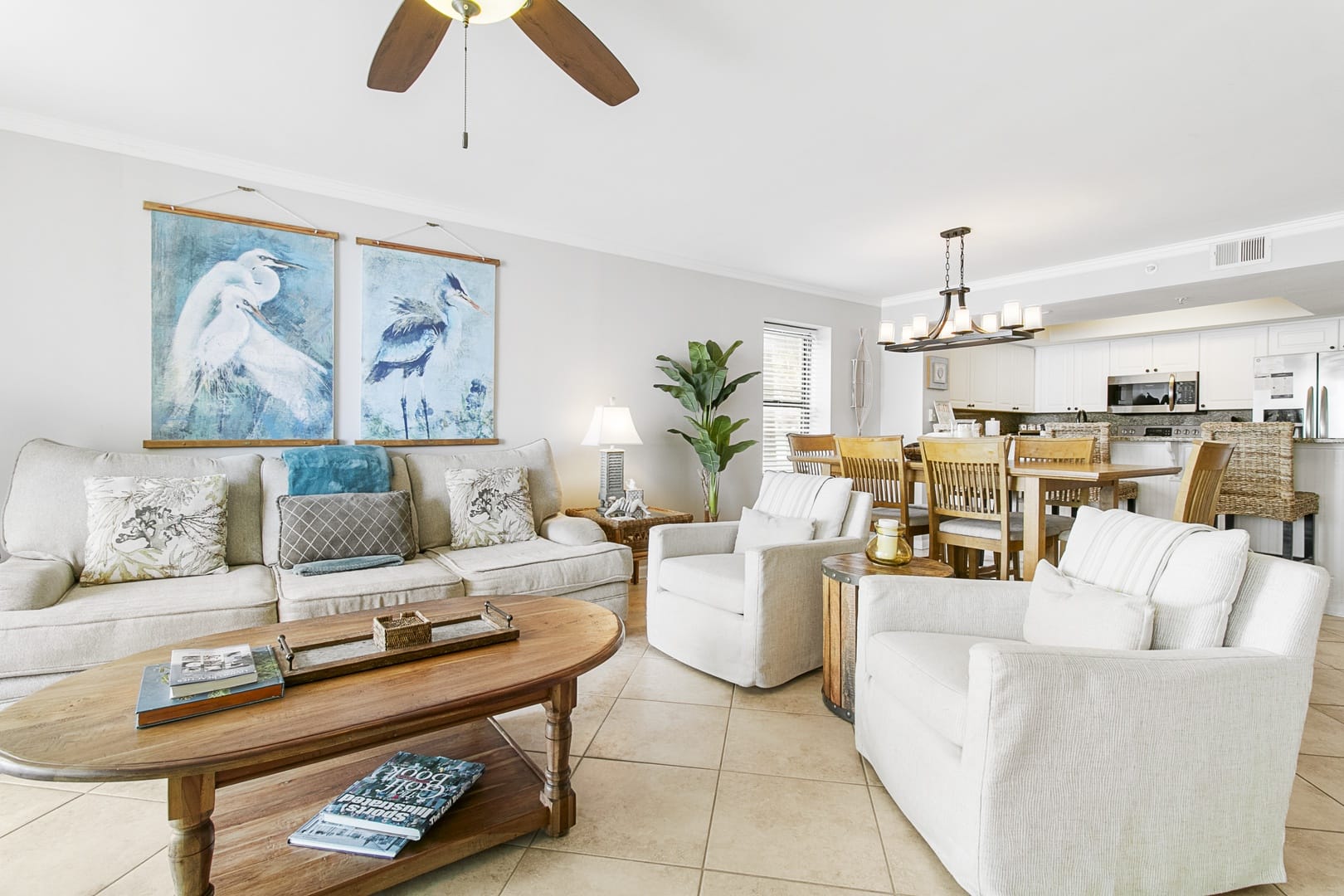 Bright living room with dining area.