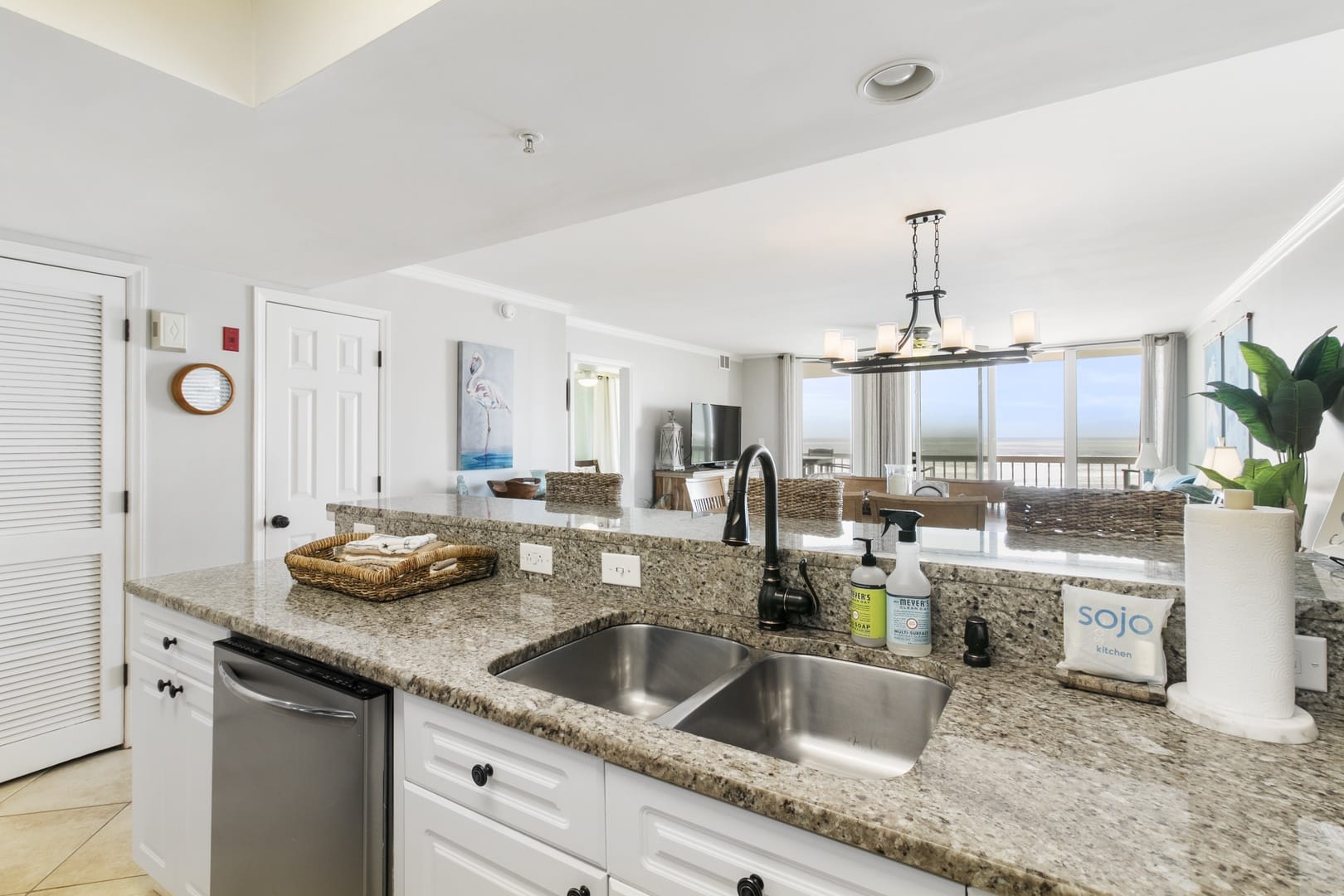 Modern kitchen with ocean view.