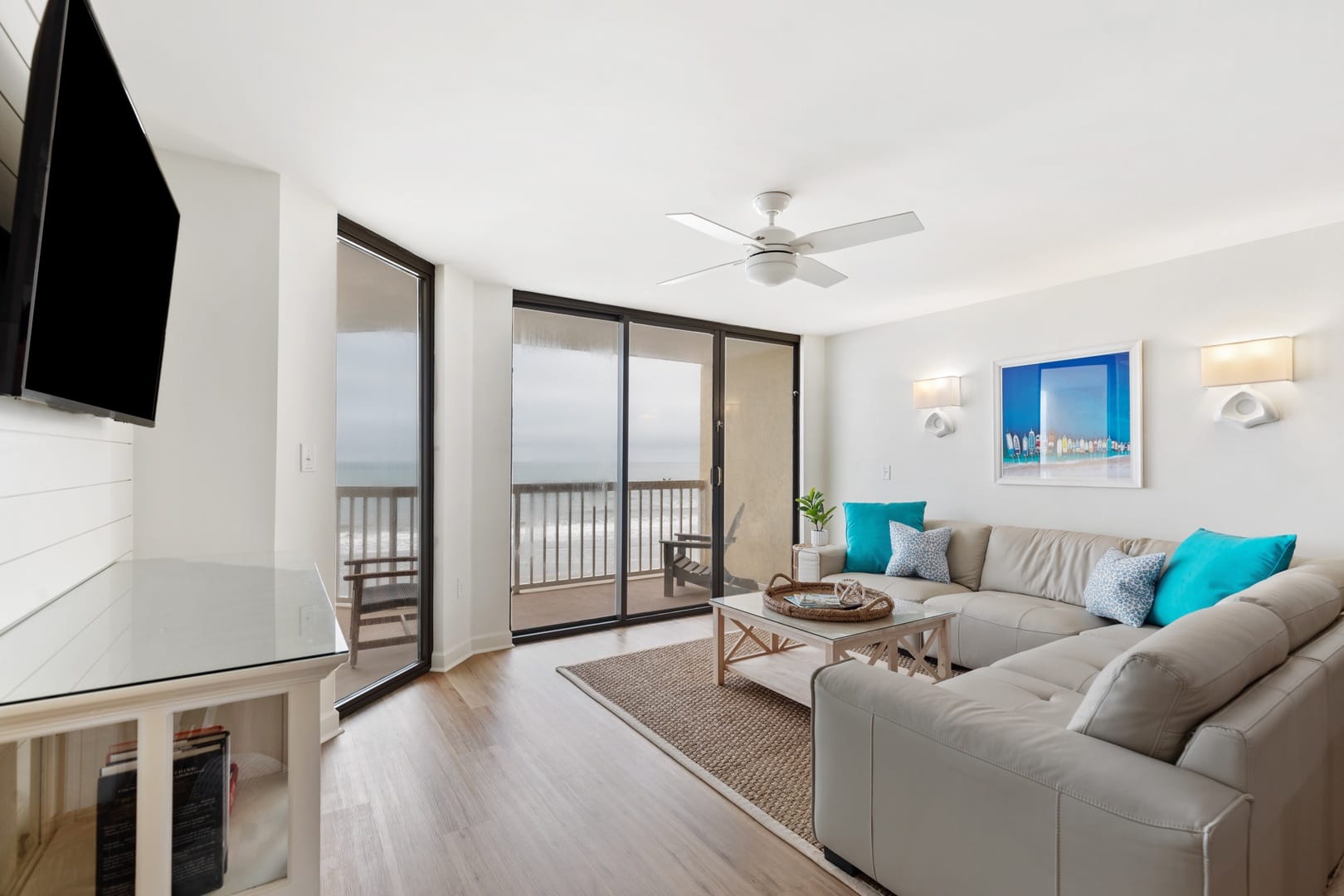 Modern living room with ocean view.