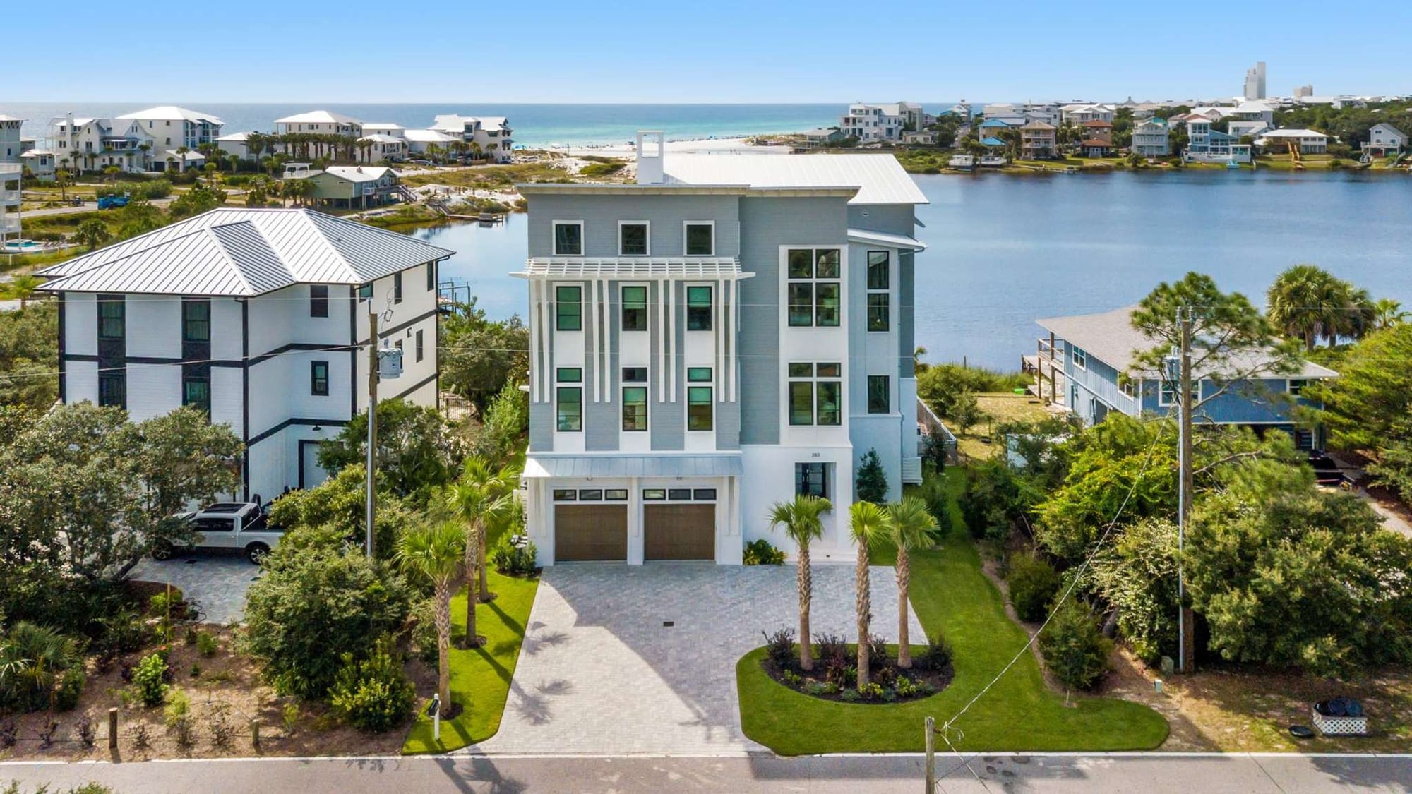 Modern house facing a lake.