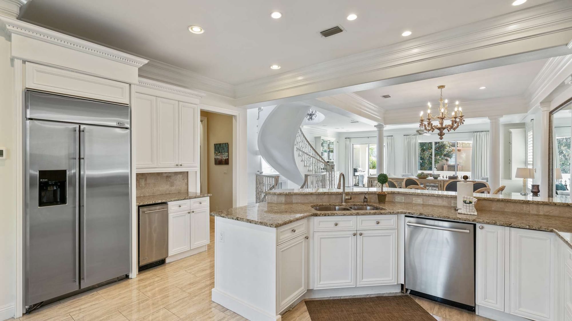 Elegant kitchen with dining area.