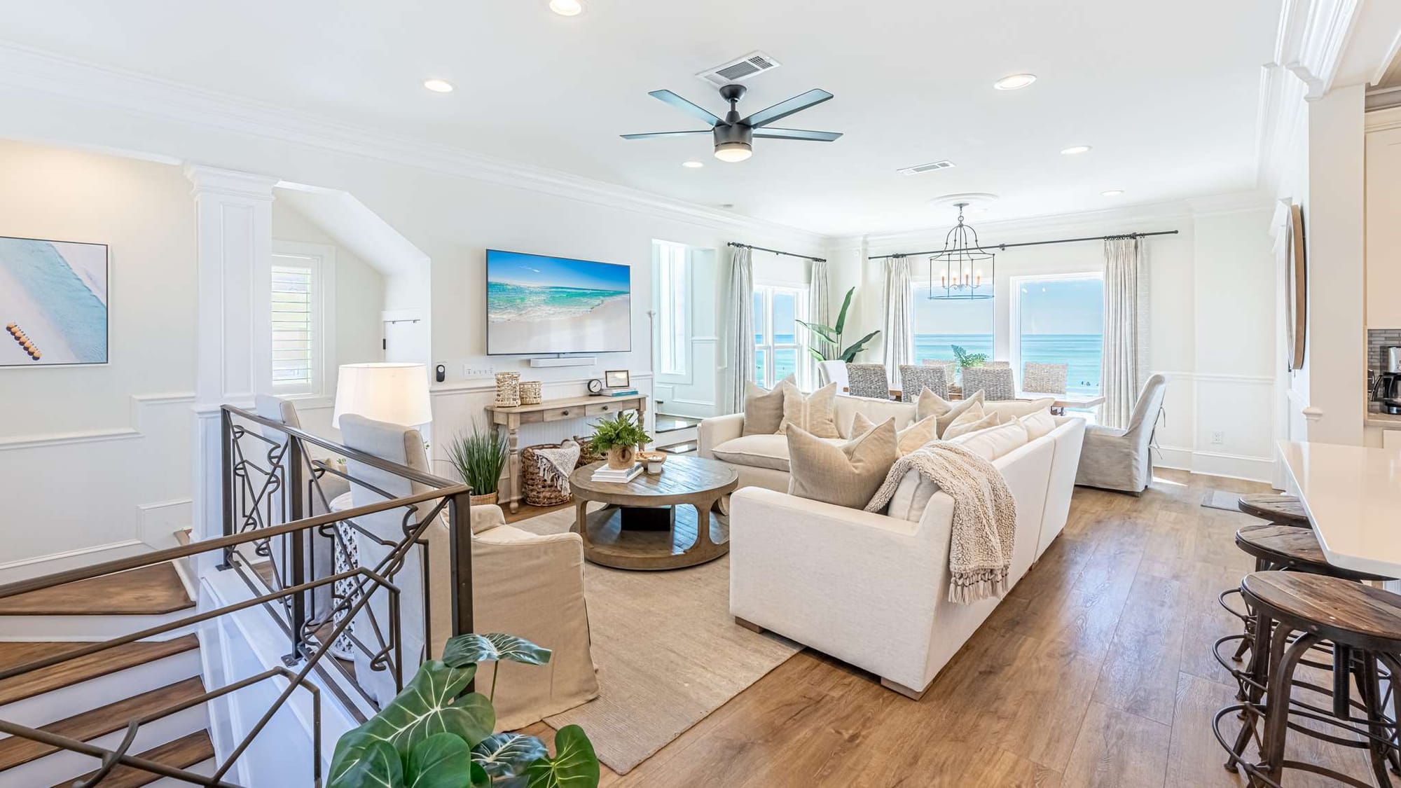 Bright living room with ocean view.