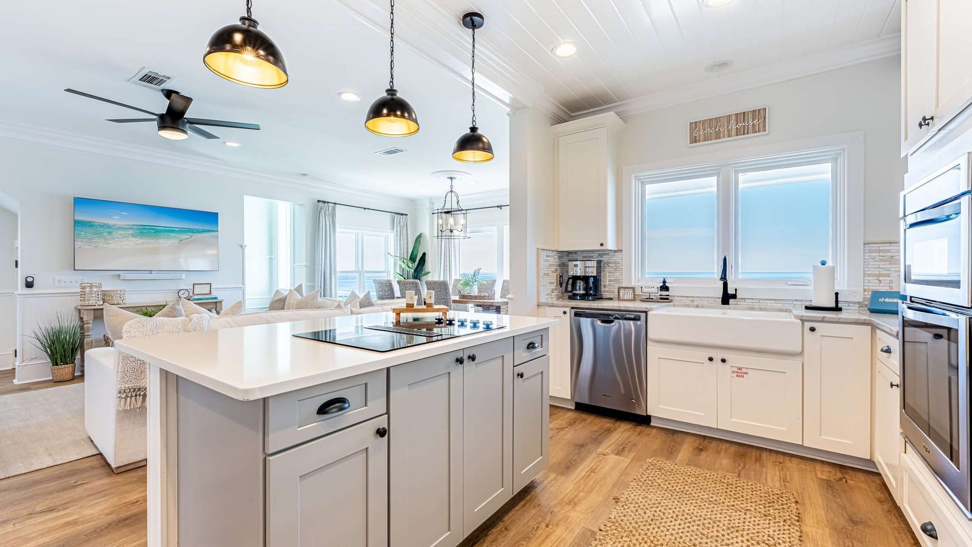 Modern kitchen and living room interior.