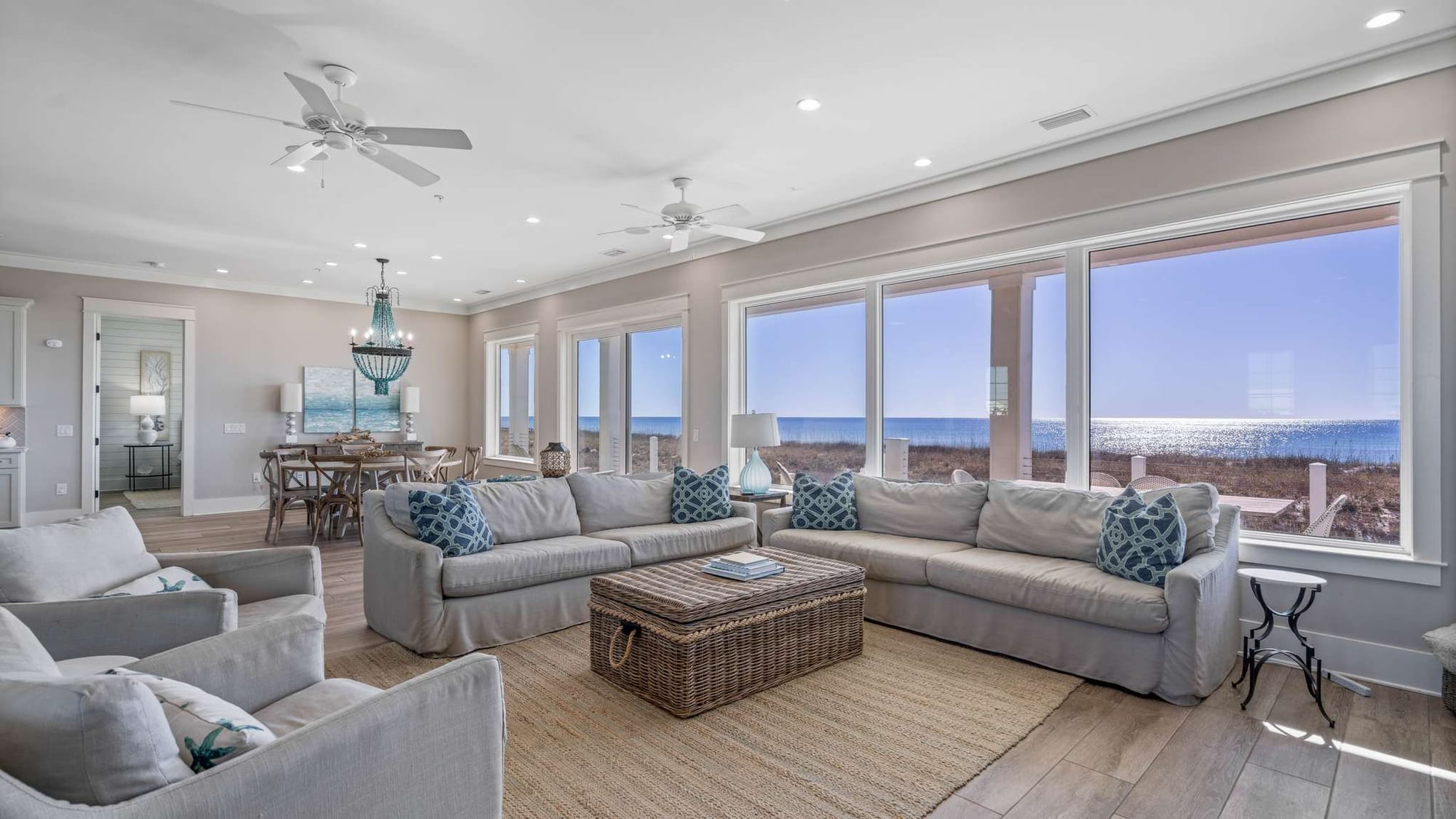 Coastal living room with ocean view.