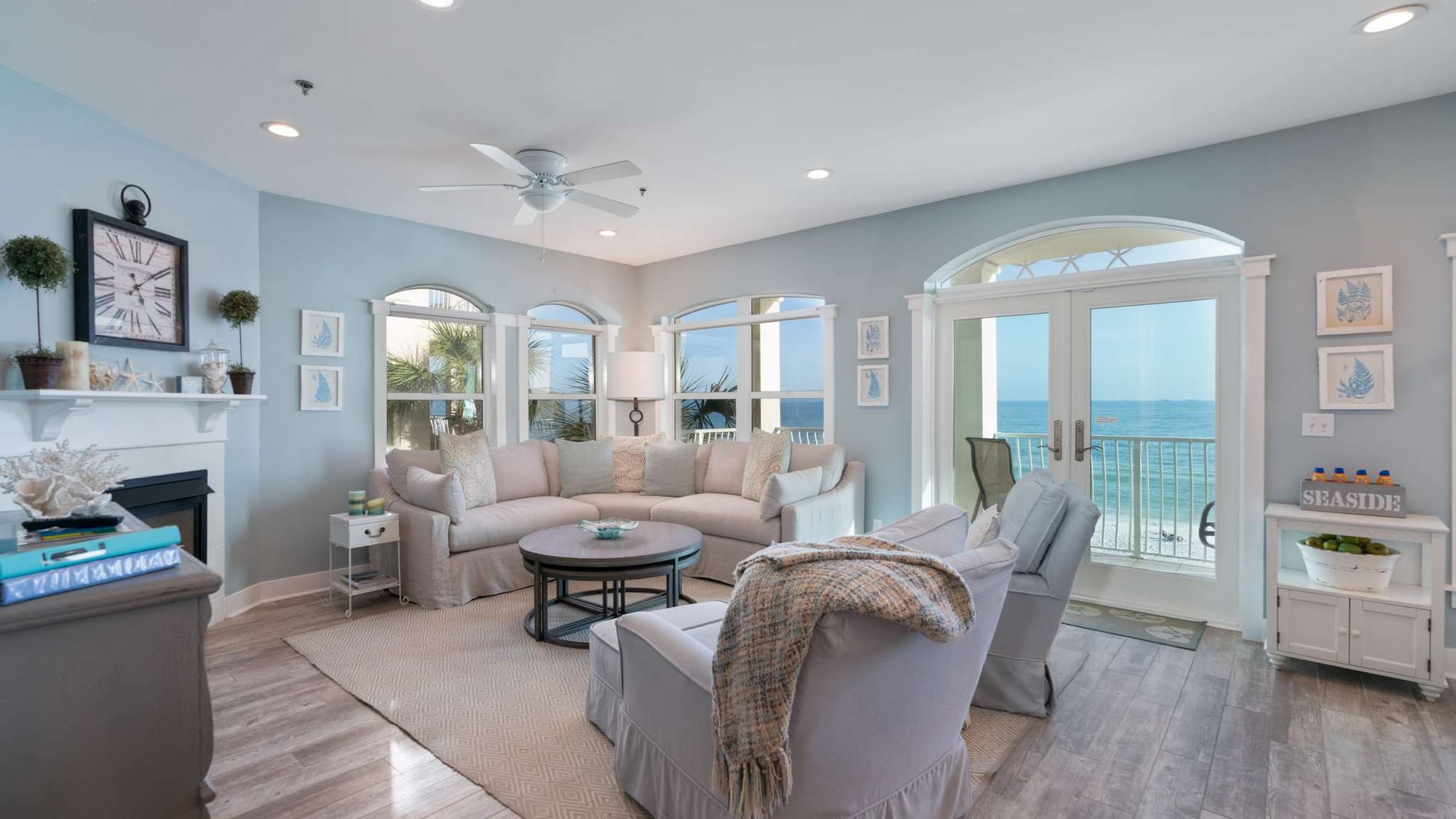 Coastal living room with ocean view.