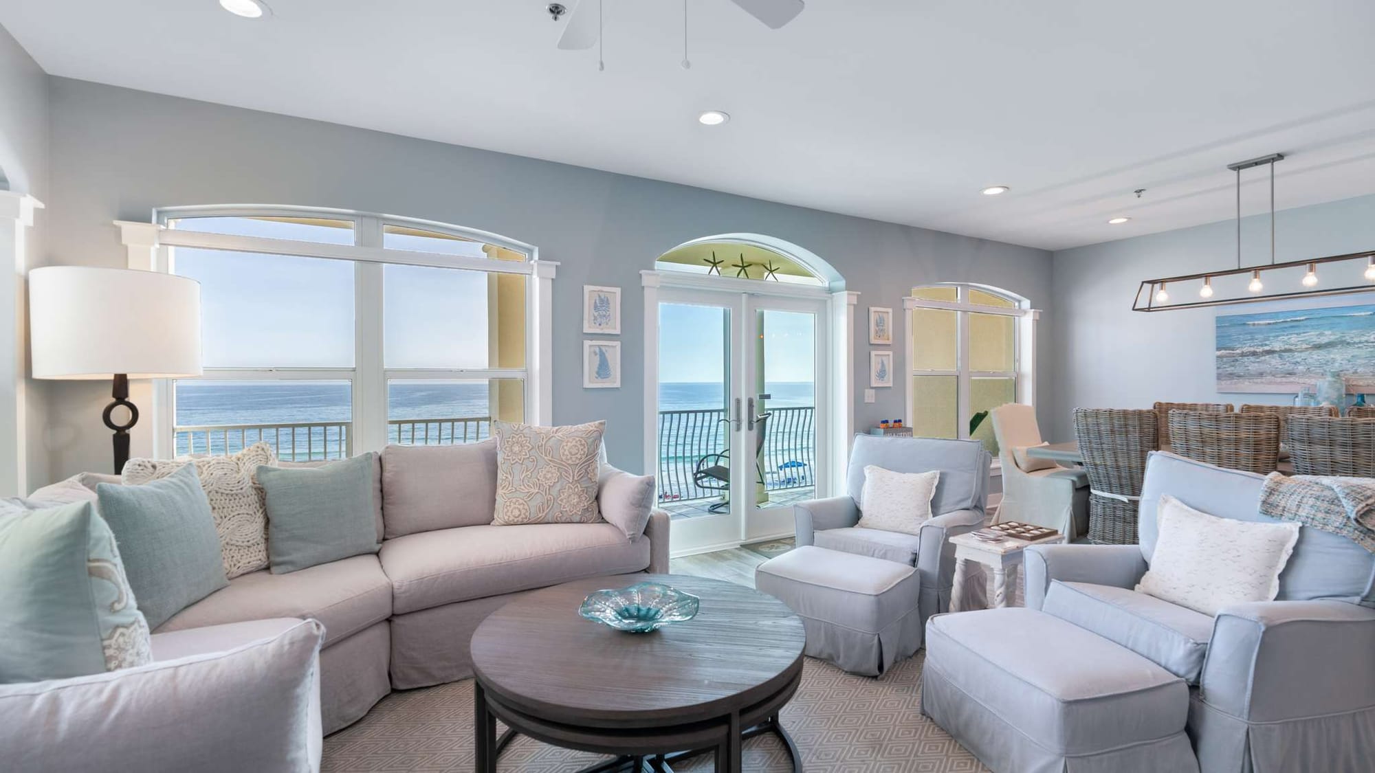 Coastal living room with ocean view.