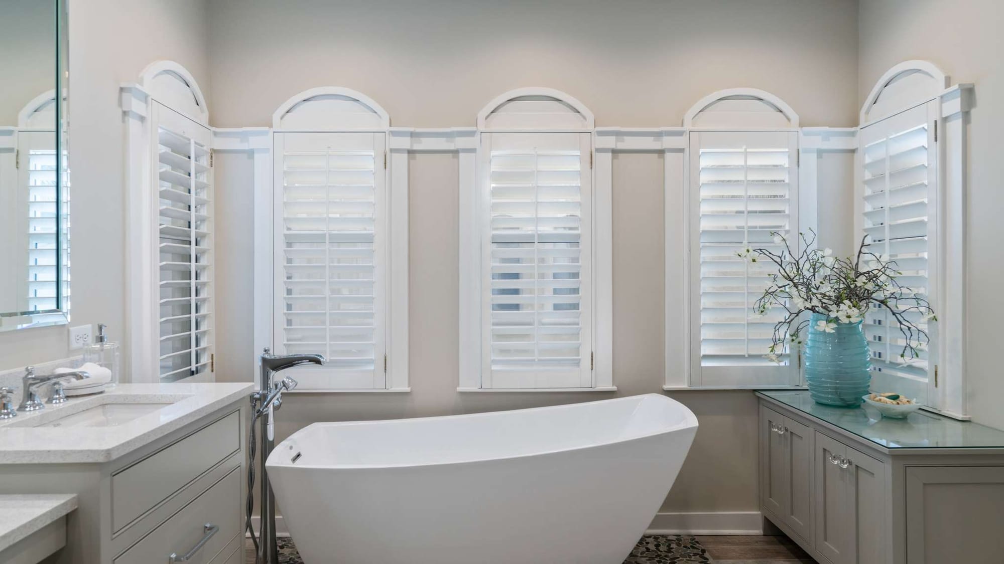 Elegant bathroom with freestanding tub.