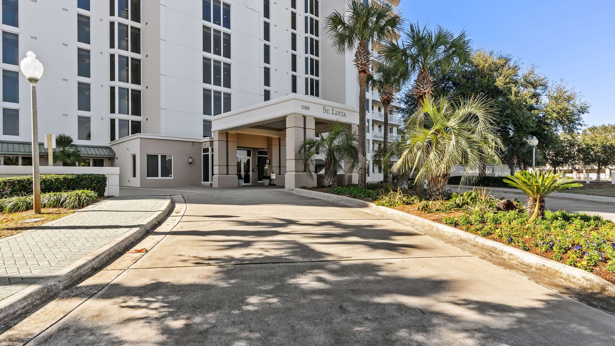 Building entrance with palm trees.