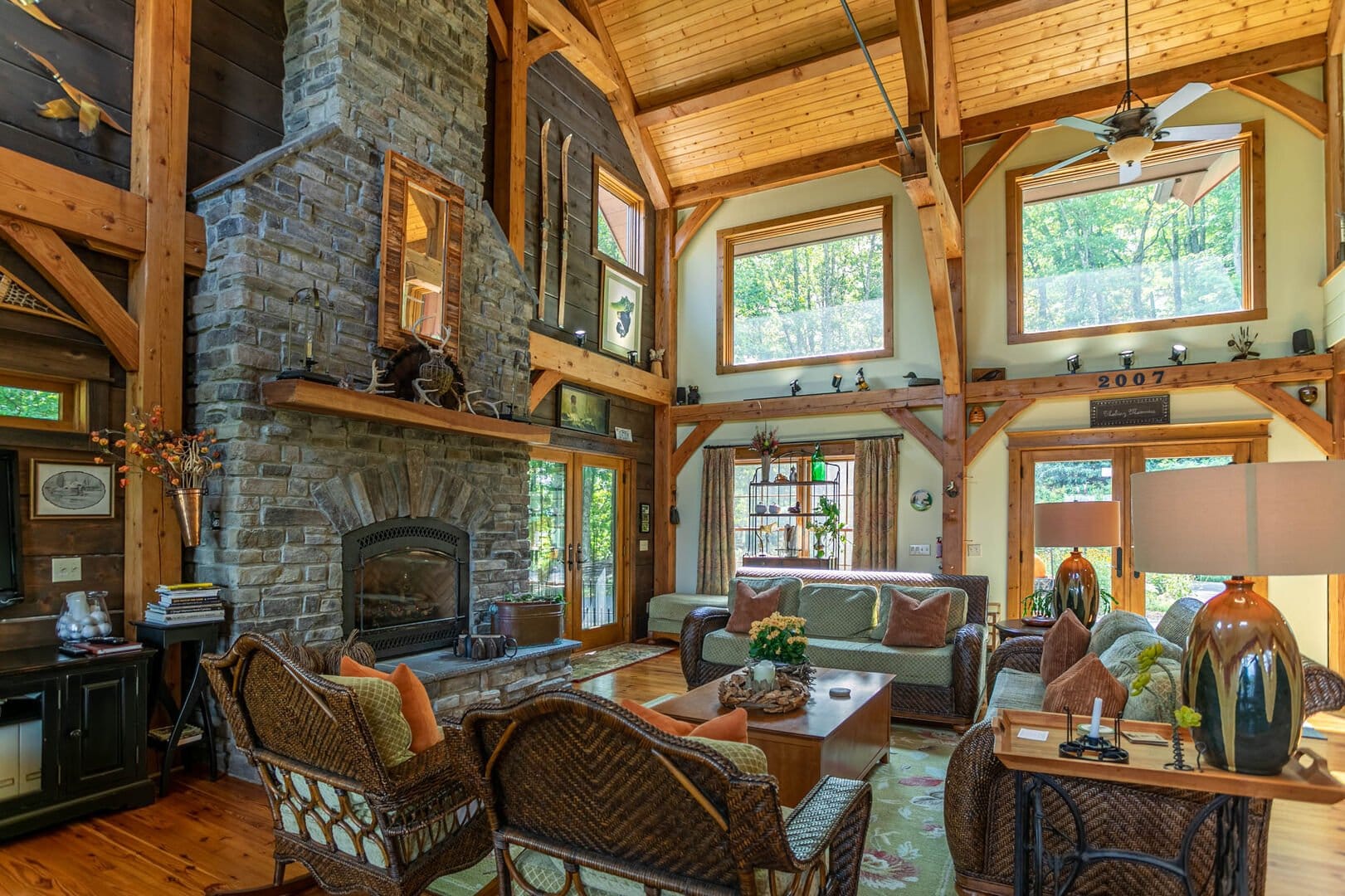 Rustic living room with fireplace.