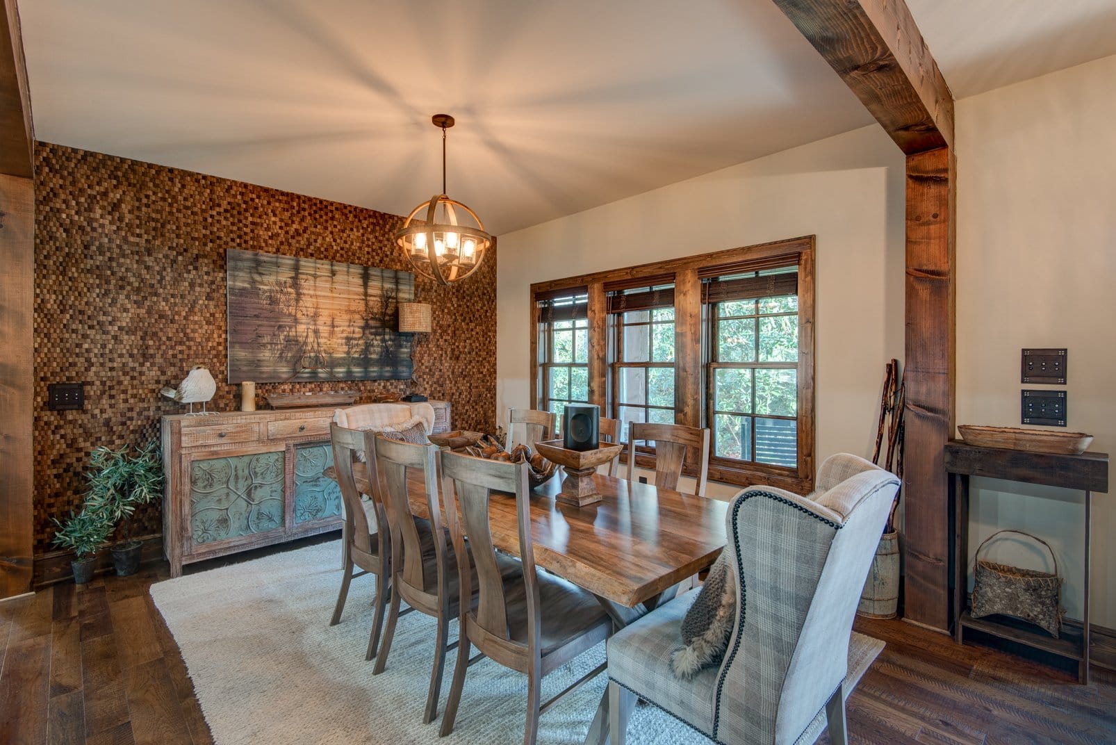 Rustic dining room with wood accents.