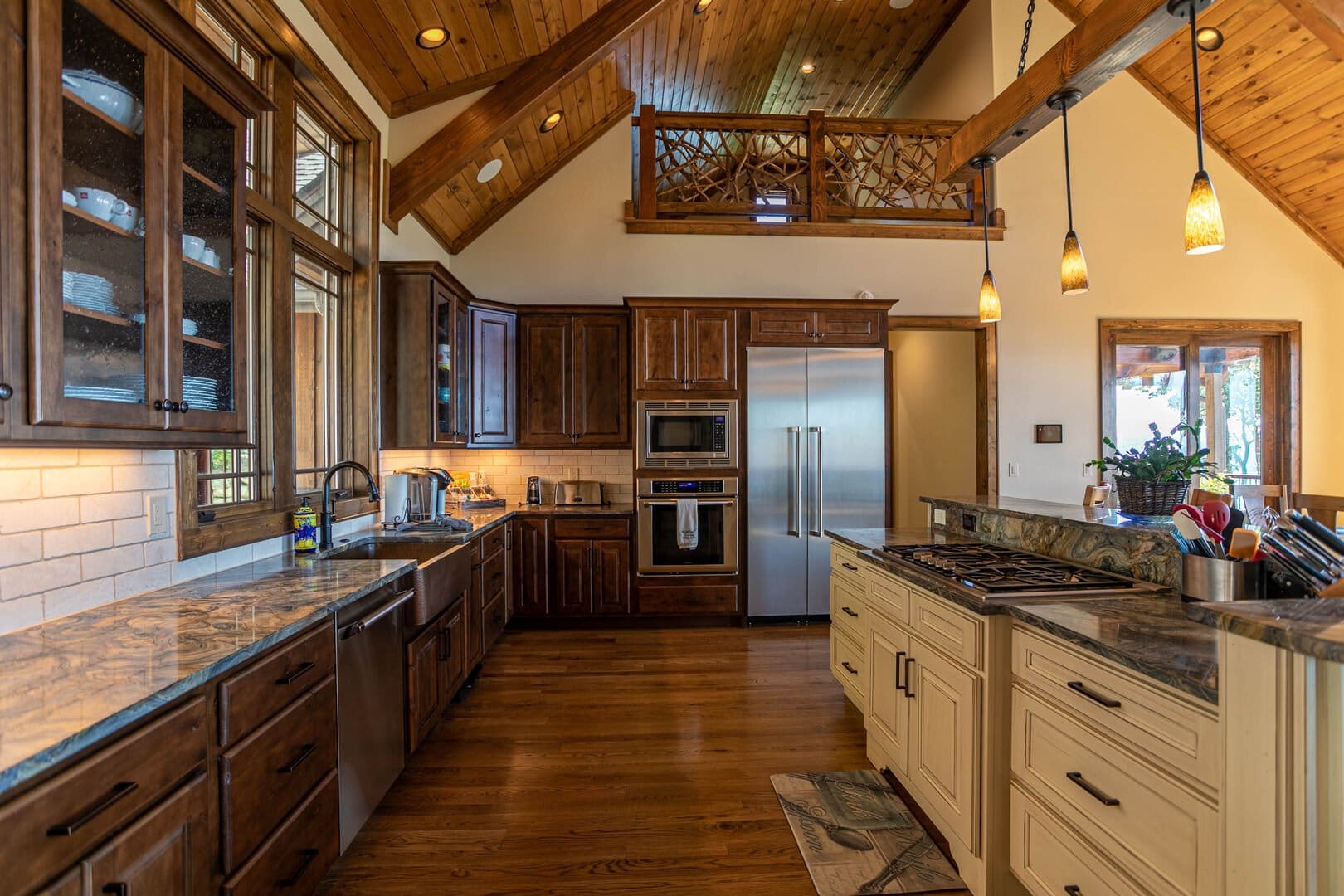 Rustic kitchen with wooden beams.