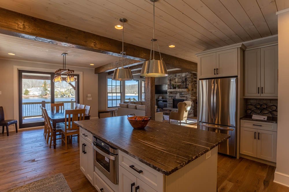 Modern kitchen and dining area view.