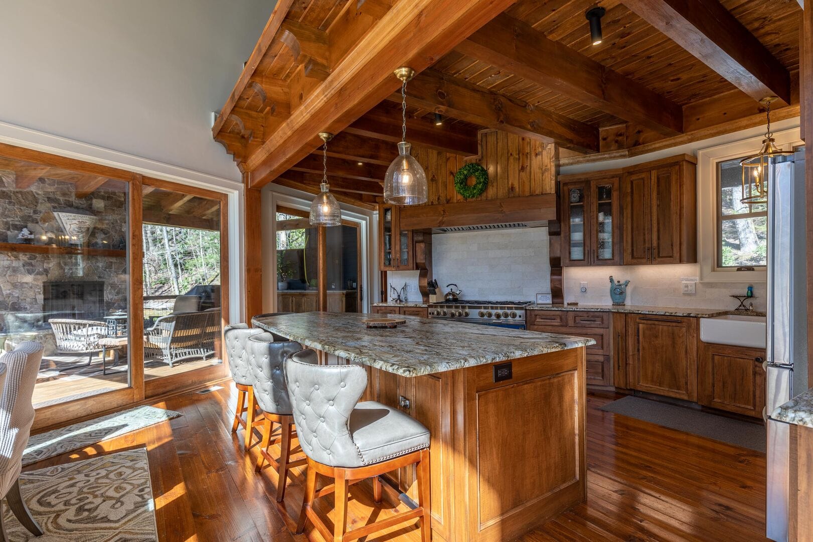 Rustic kitchen with wooden beams.