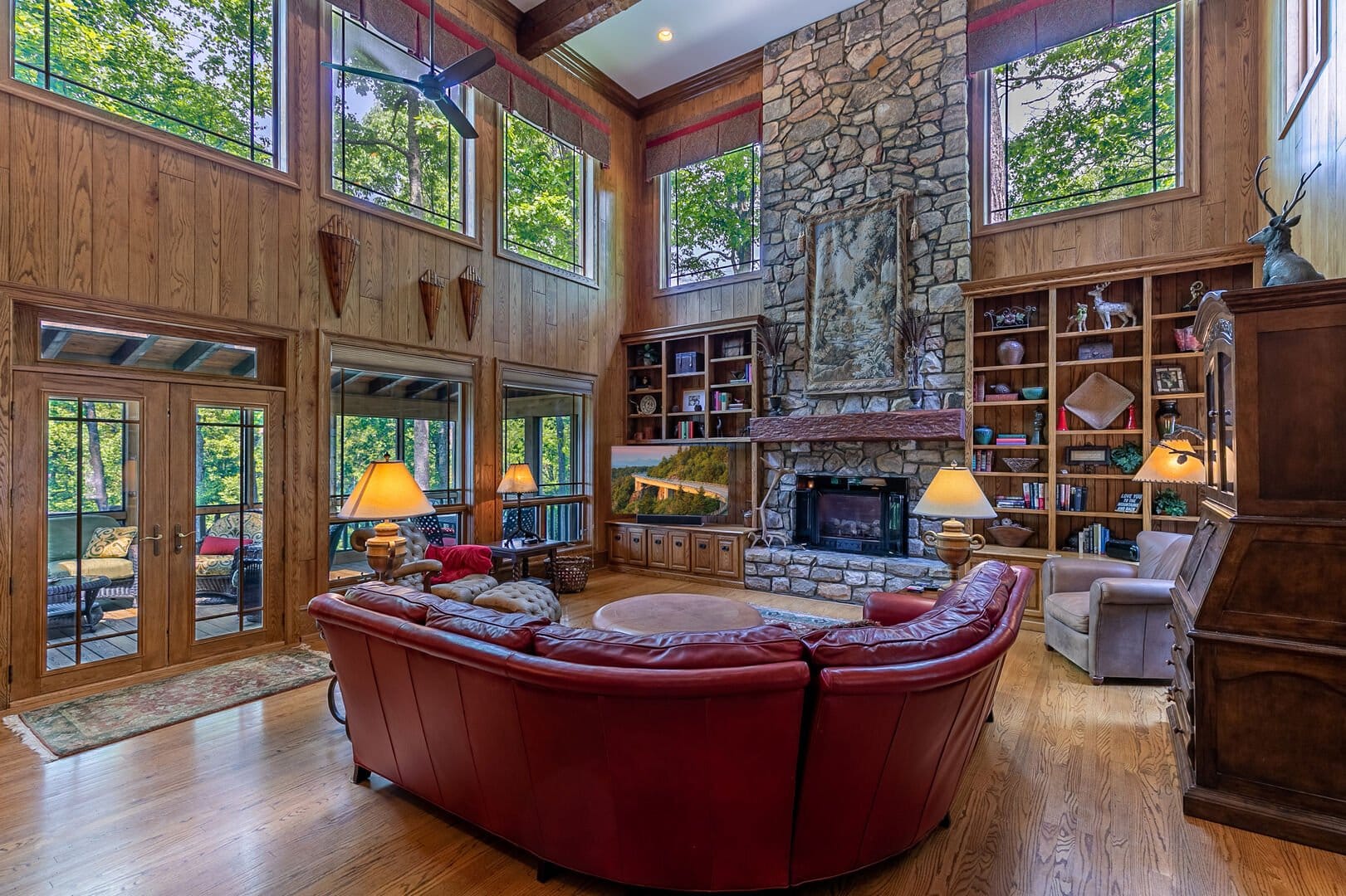 Spacious rustic living room interior.