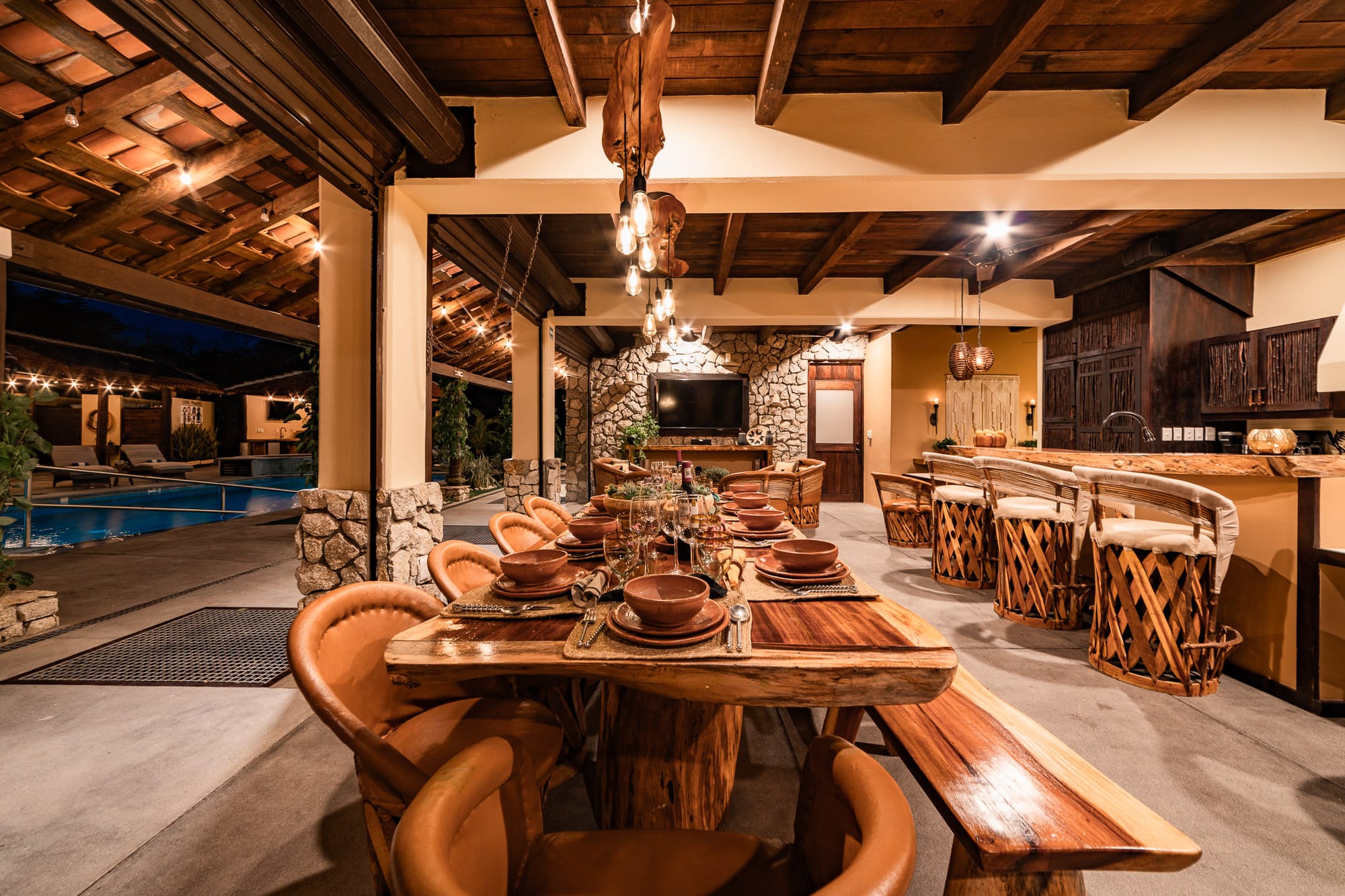 Rustic kitchen with wooden dining table.