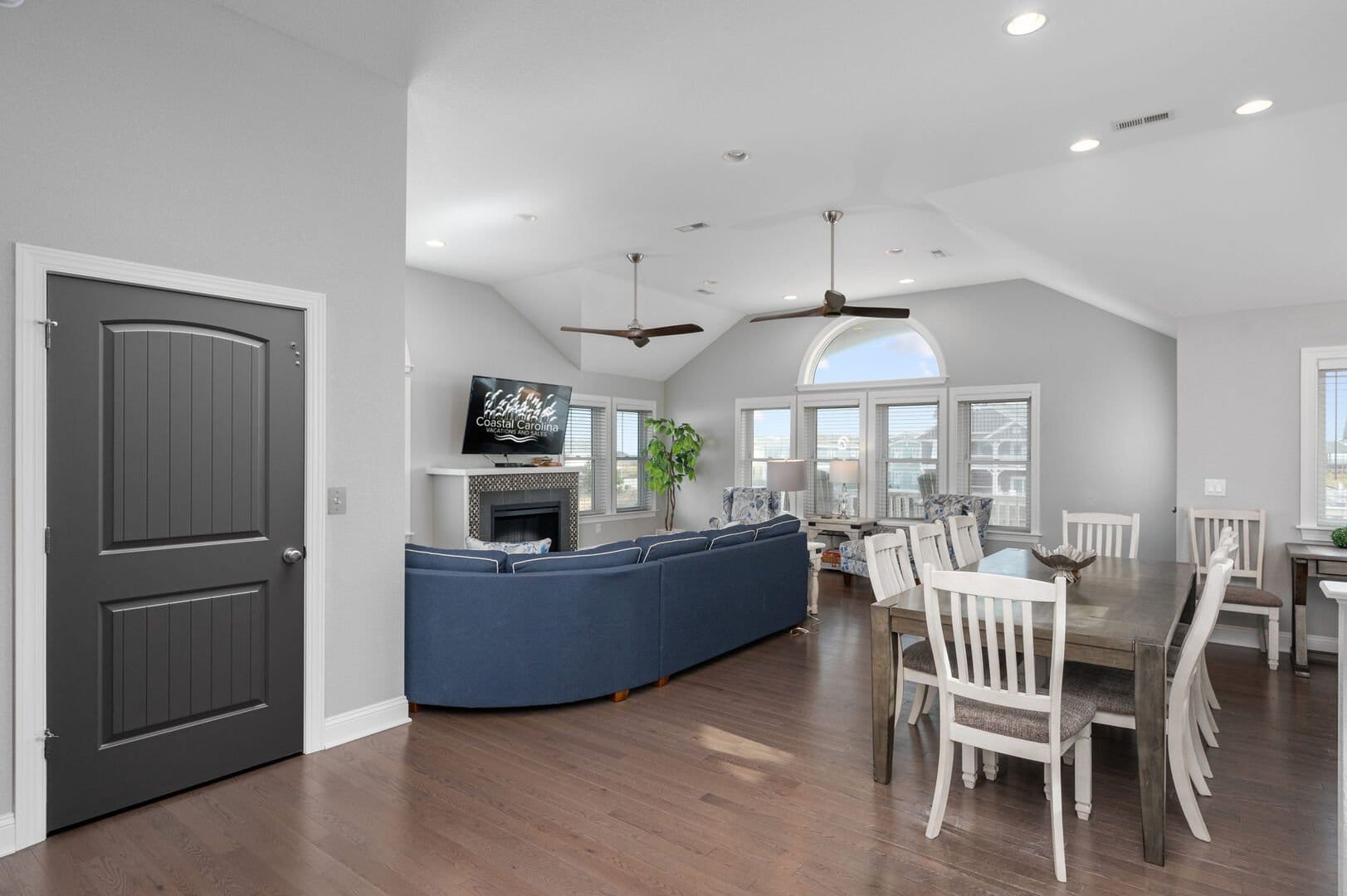 Spacious living room with dining area.